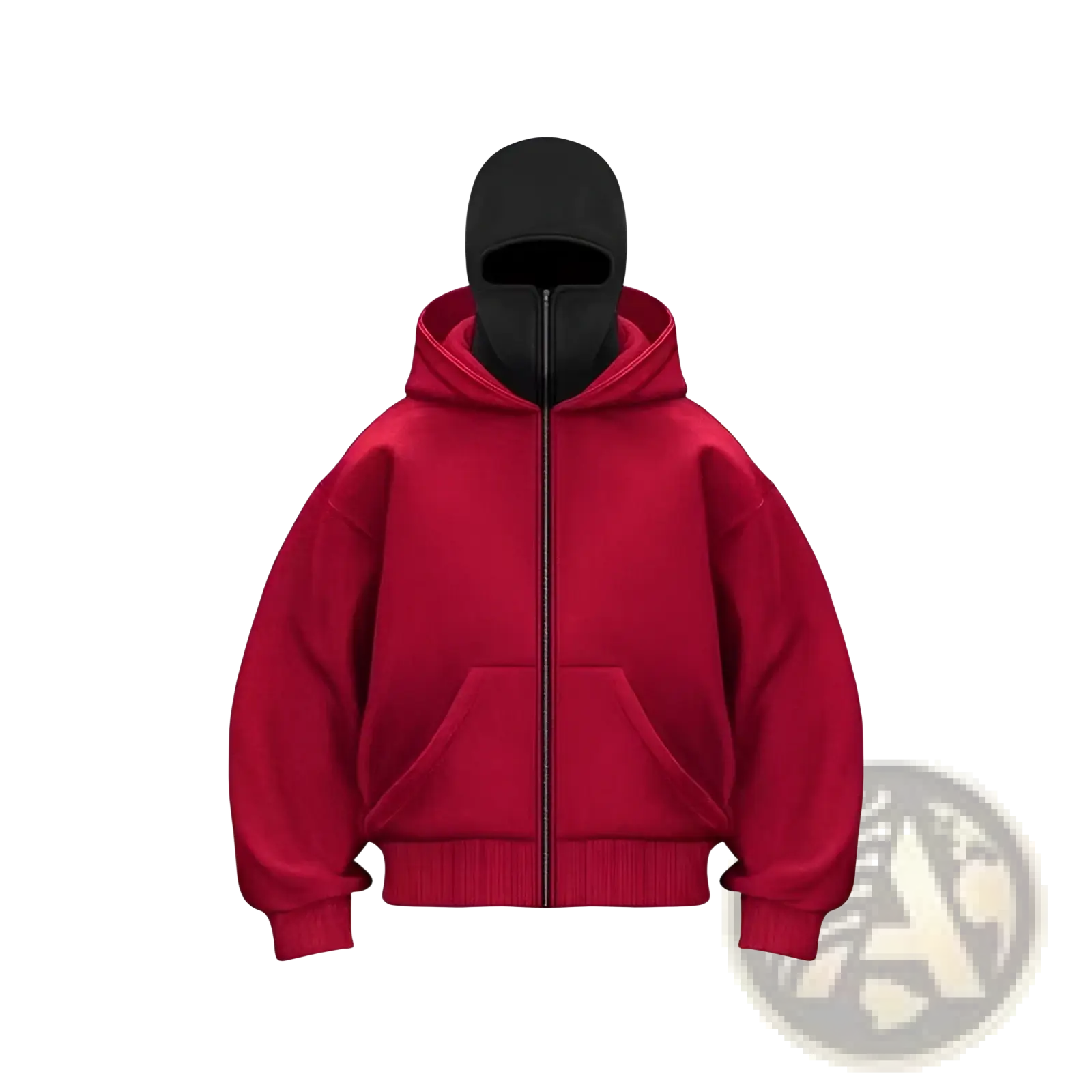 Men’s streetwear hooded fleece zip up baseball jacket in vibrant red with oversized fit hood and front pockets