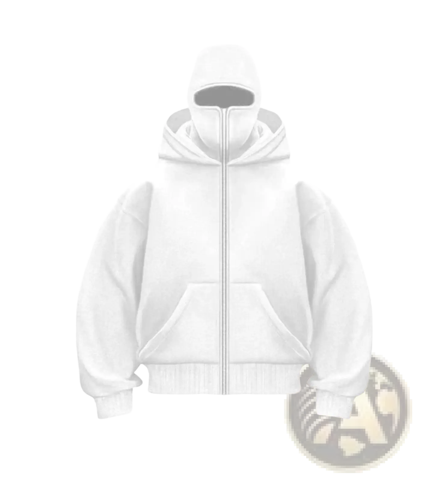 Men’s streetwear white zip up fleece hoodie with full face hood and front pockets baseball jacket