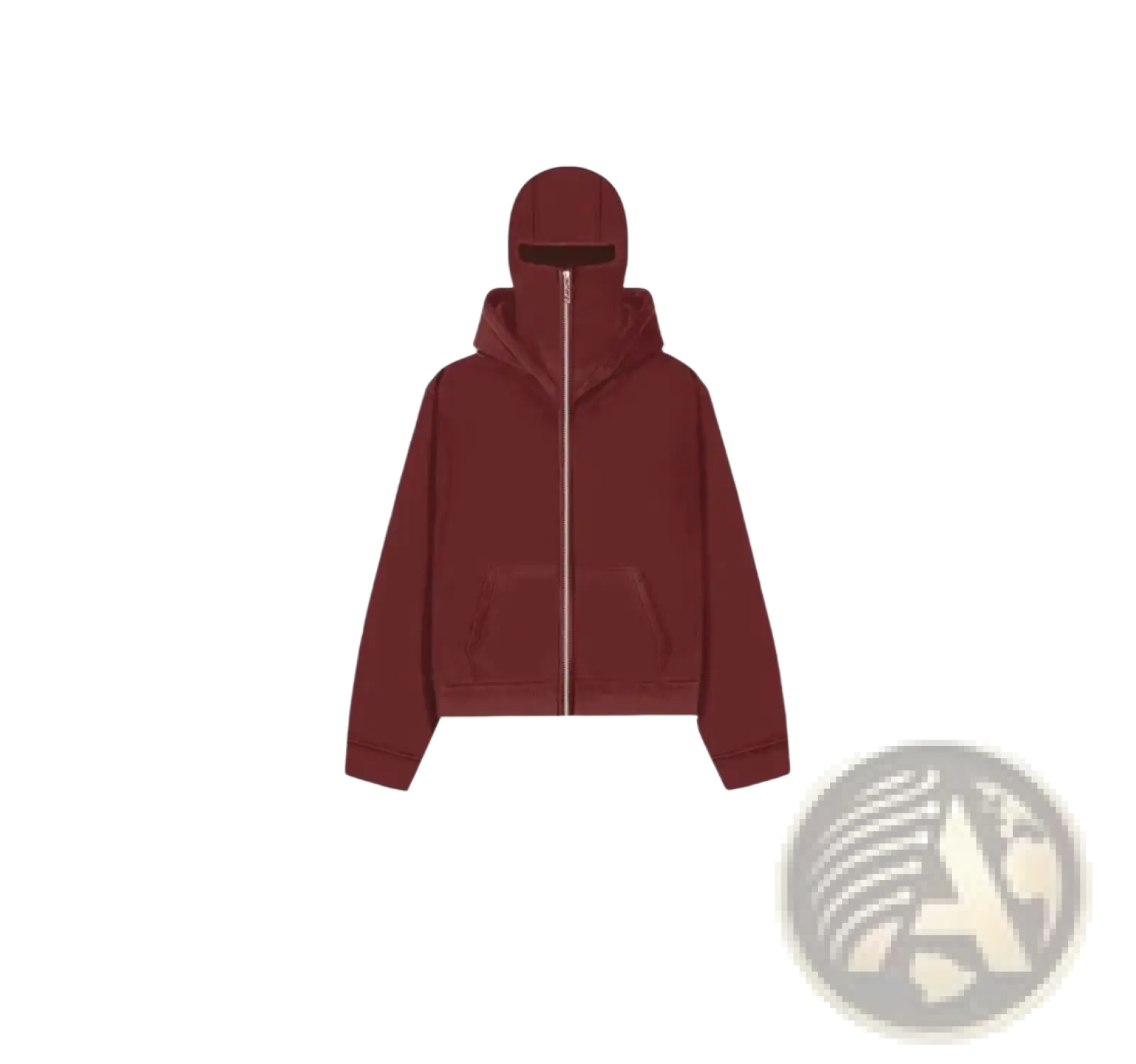 Men’s maroon streetwear hooded fleece zip up baseball jacket with face-covering hood and front pockets