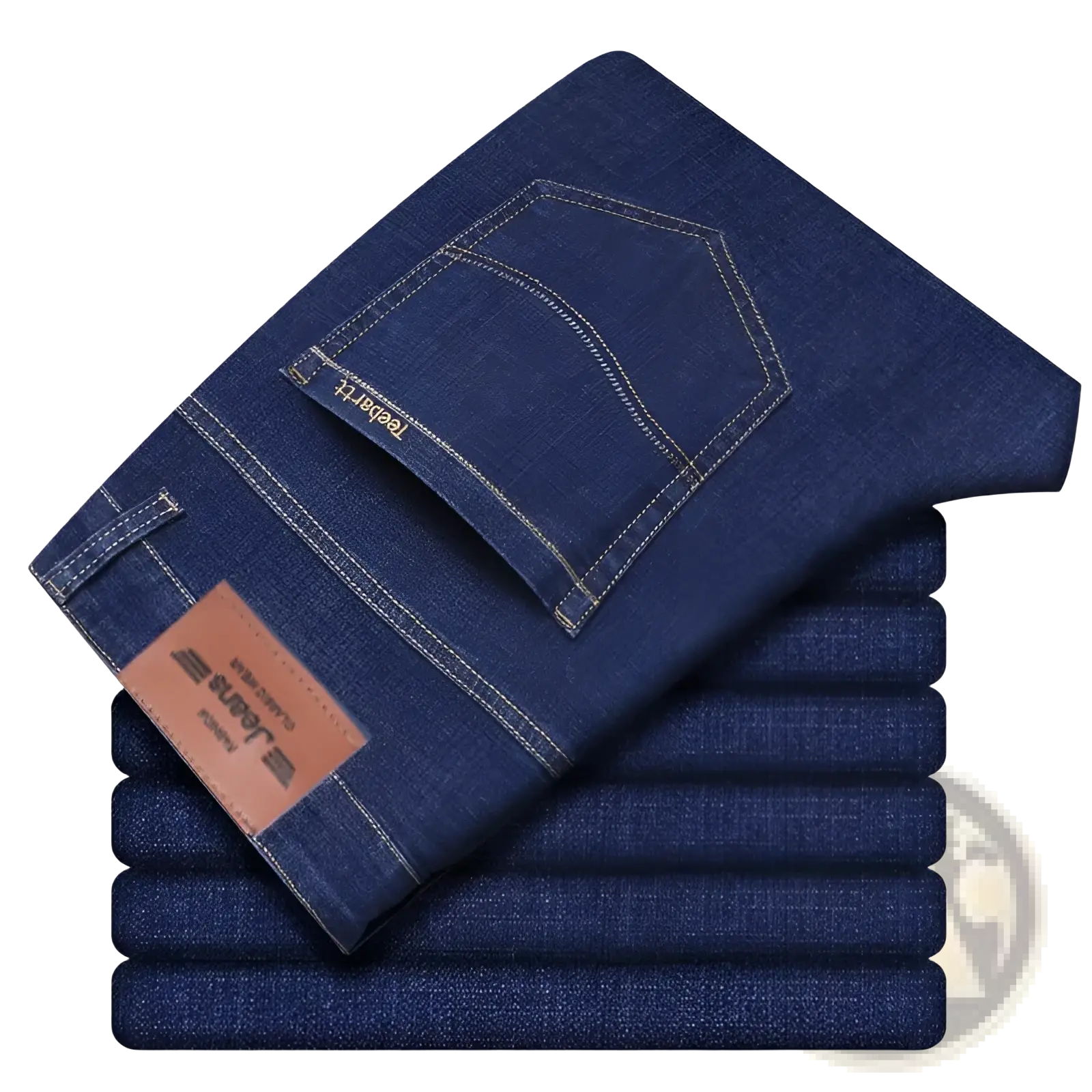 A stack of men’s dark blue stretch cotton straight jeans with a brown leather label and light stitching for casual wear