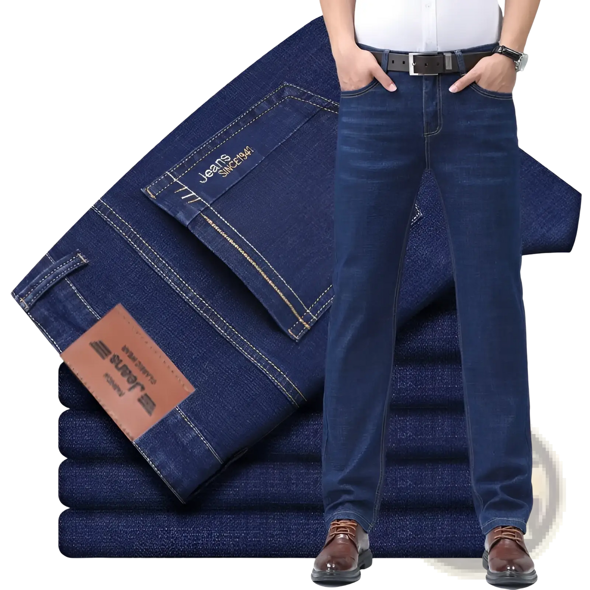 Men’s dark blue stretch cotton straight jeans with classic straight-leg cut and contrasting light stitching for casual wear