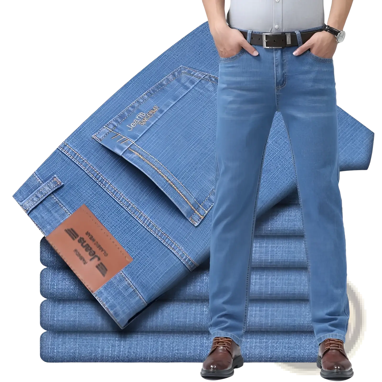 Men’s blue stretch cotton straight jeans with a classic straight-leg cut and brown leather belt for casual wear