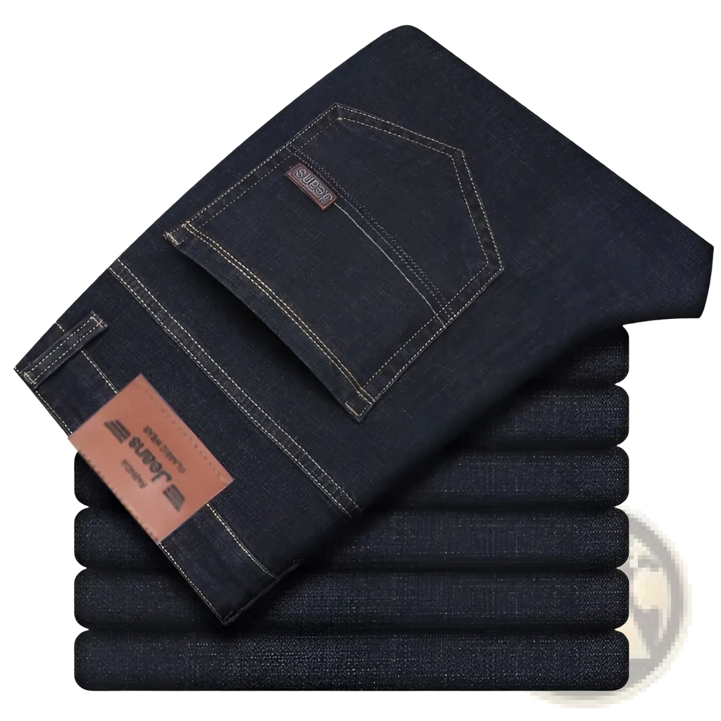 Men’s dark blue stretch cotton straight jeans with white stitching and brown leather brand tag for casual wear