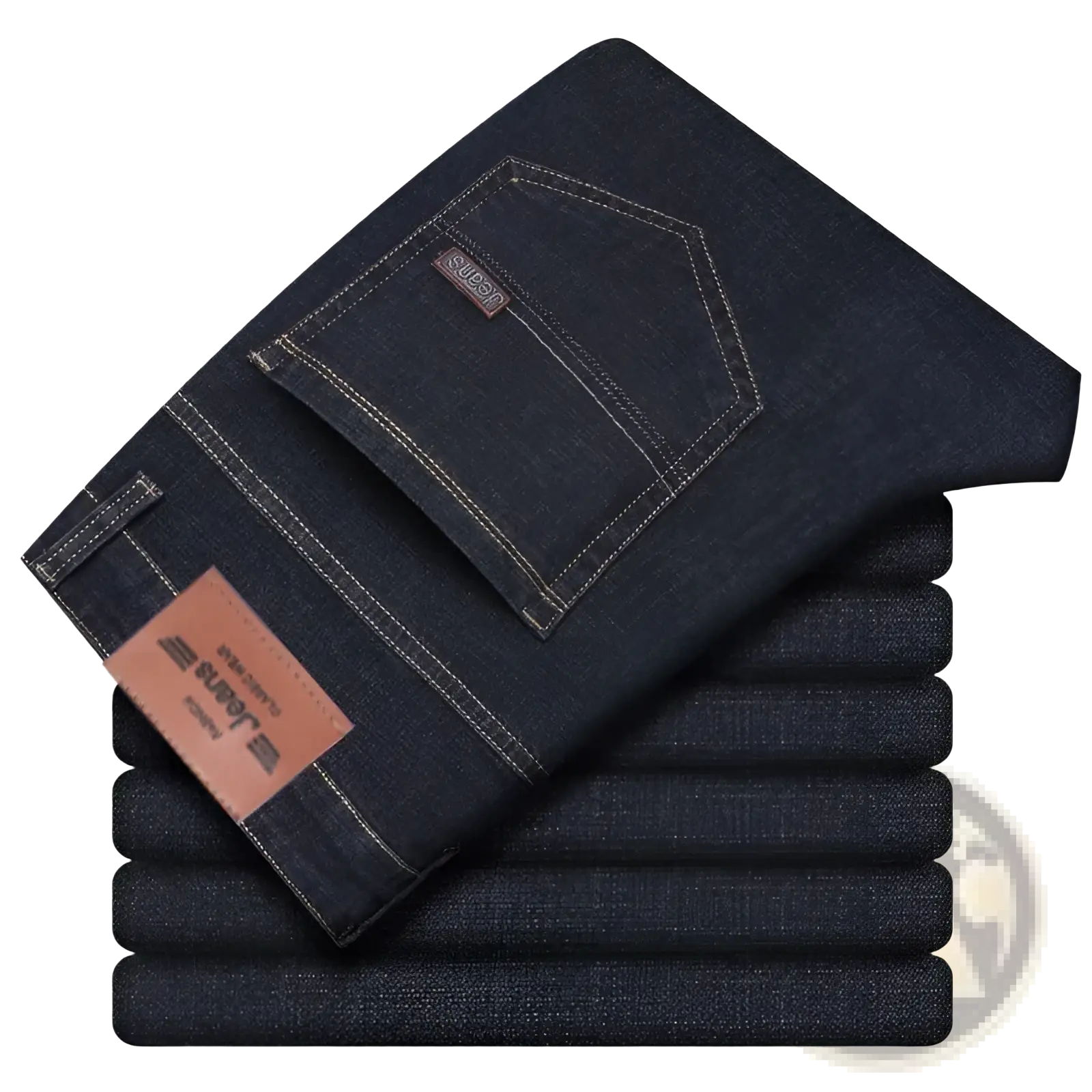 Men’s dark blue stretch cotton straight jeans with white stitching and brown leather brand tag for casual wear