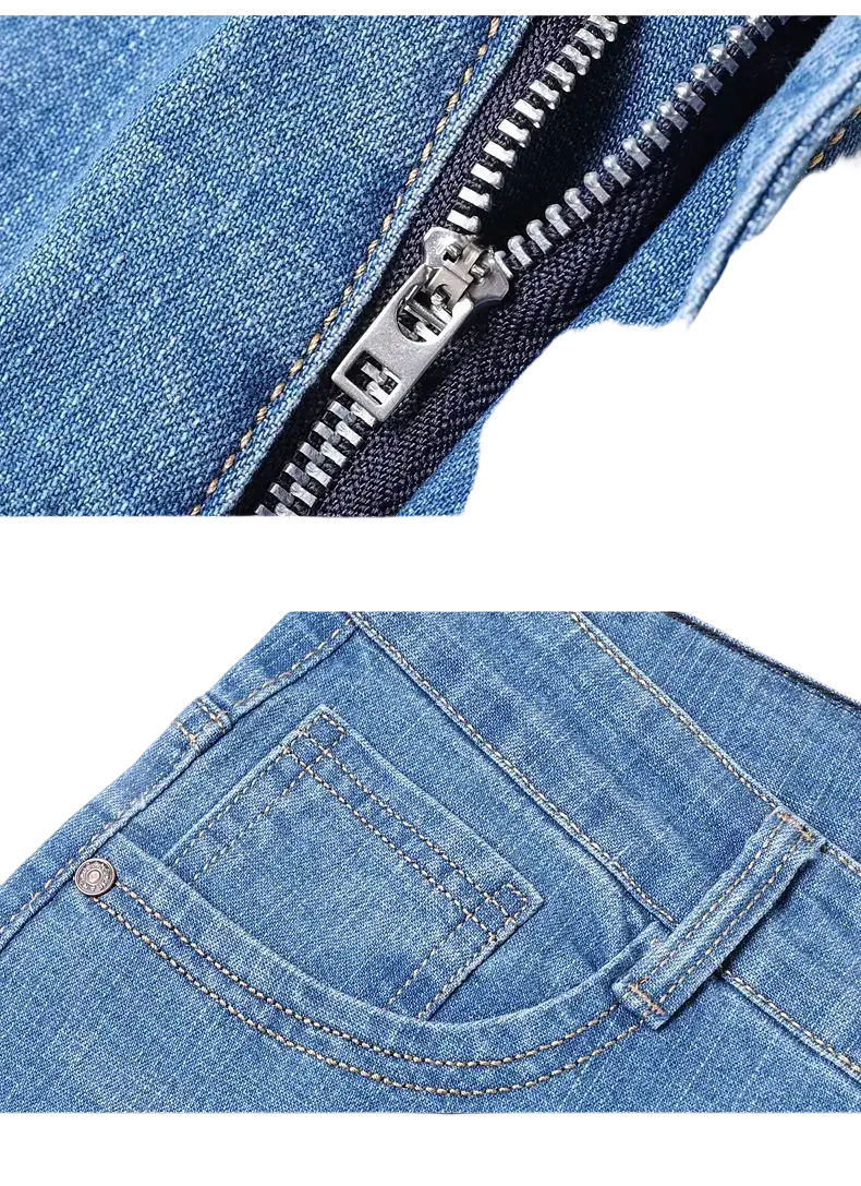 Men’s blue stretch cotton straight jeans with silver zipper and matching stitching casual trousers