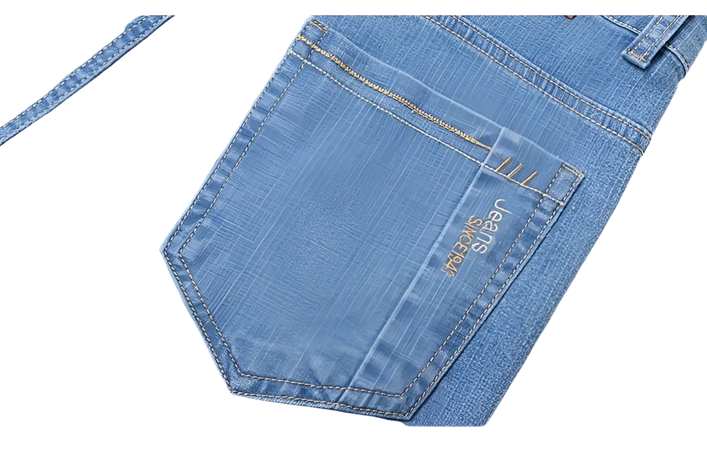 Blue denim men’s stretch cotton straight jeans back pocket with gold stitching and small embroidered brand tag