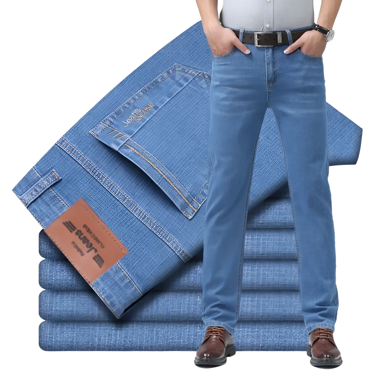 Men’s blue stretch cotton straight jeans with a classic straight-leg cut and brown leather belt for casual wear