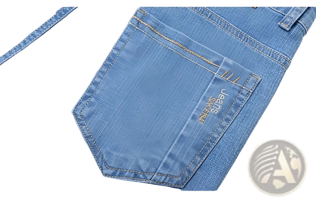 Blue denim men’s stretch cotton straight jeans back pocket with gold stitching and small embroidered brand tag