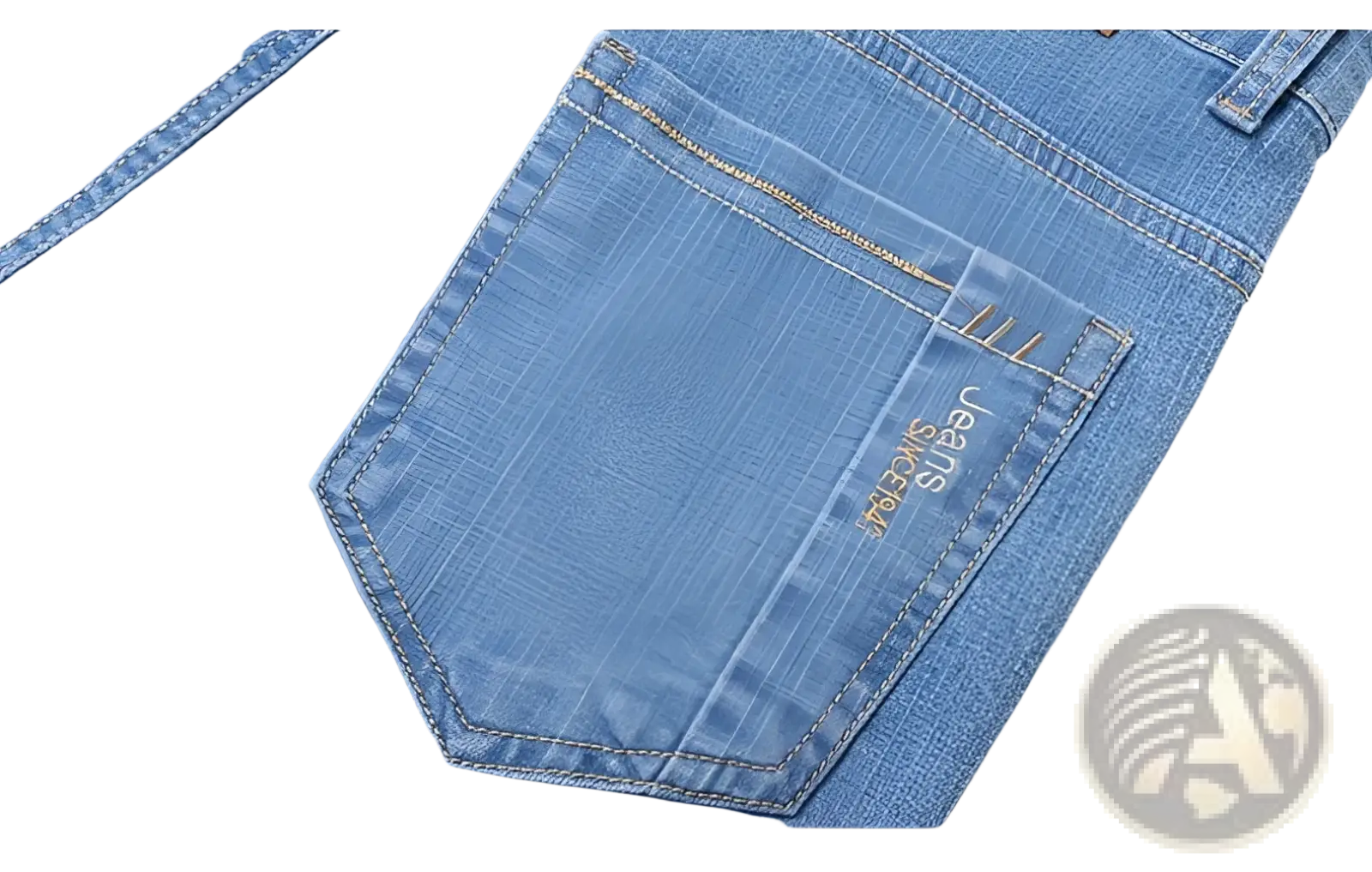 Blue denim men’s stretch cotton straight jeans back pocket with gold stitching and small embroidered brand tag