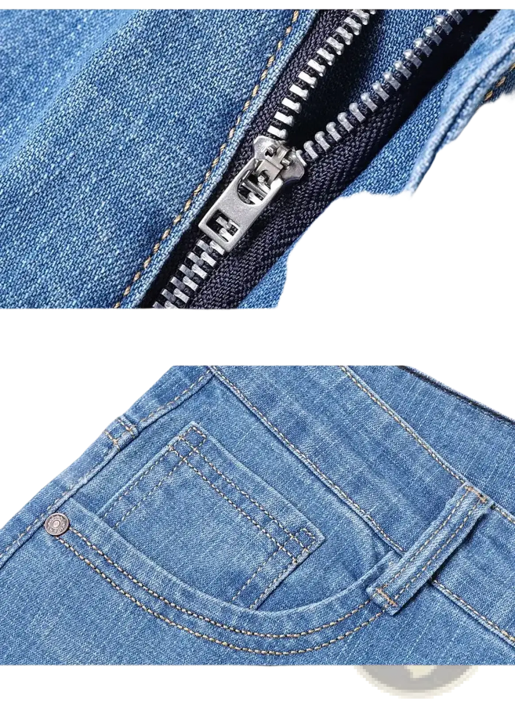 Men’s blue stretch cotton straight jeans with silver zipper and matching stitching casual trousers