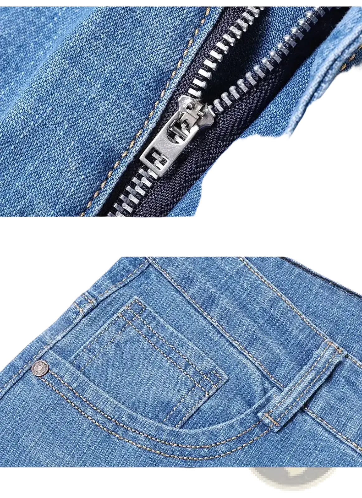 Men’s blue stretch cotton straight jeans with silver zipper and matching stitching casual trousers