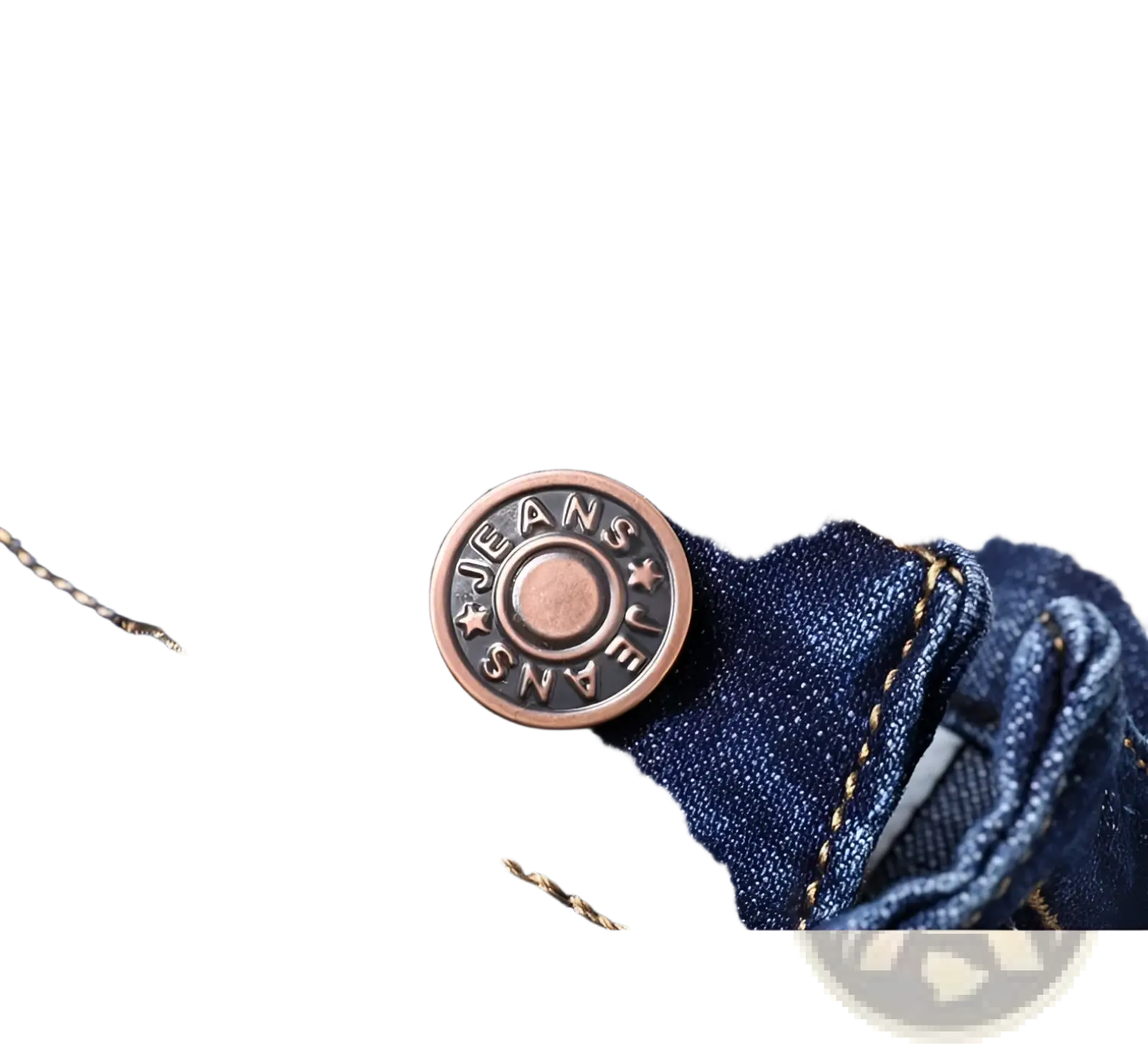 Bronze-colored circular button engraved with jeans on dark blue denim in men’s stretch cotton straight casual trousers