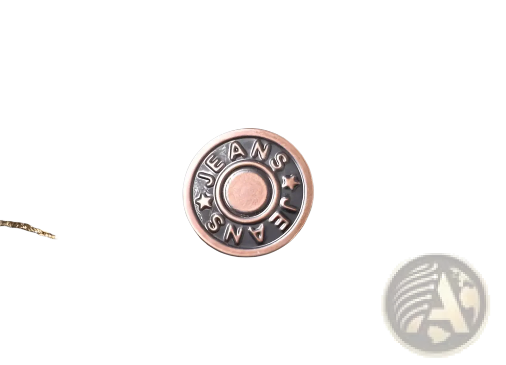 Copper-toned circular denim button with jeans engraved and star motifs on men’s stretch cotton straight blue jeans