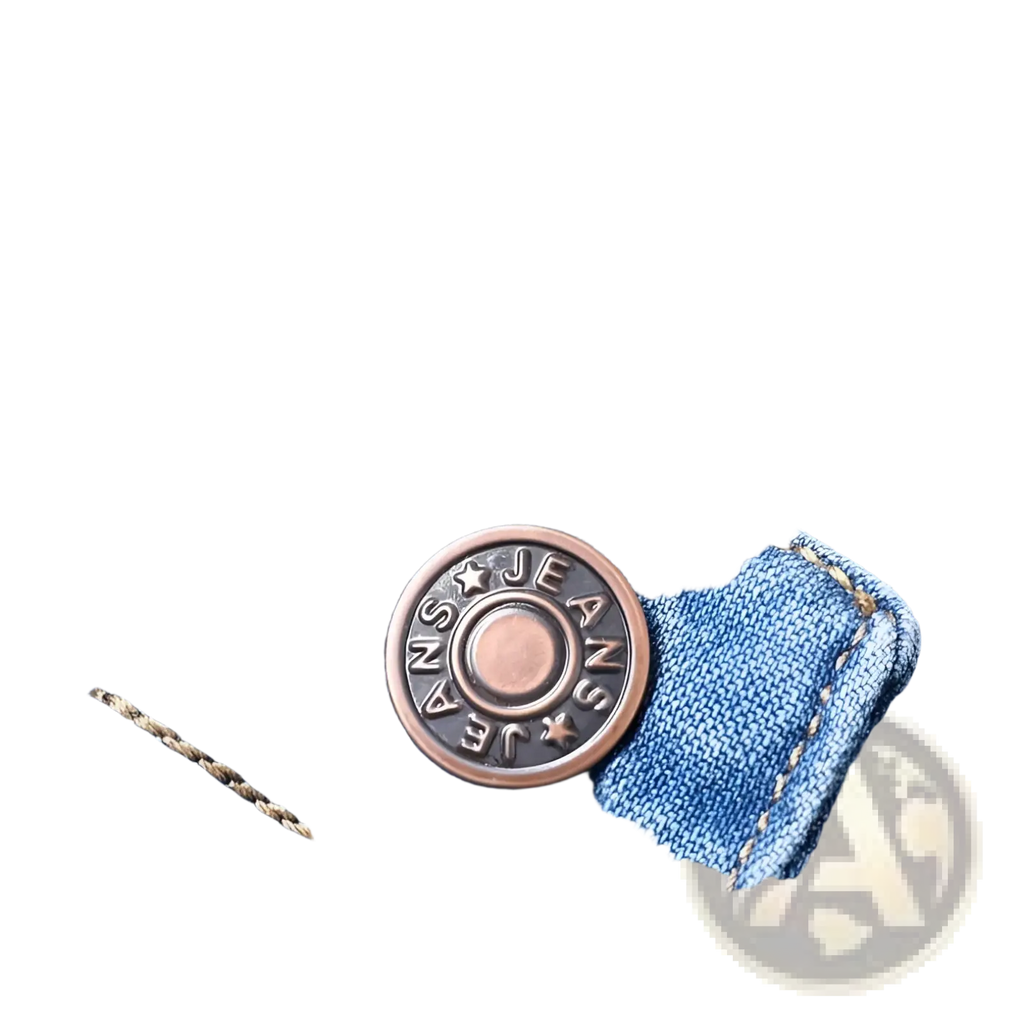 Copper-toned circular button engraved with jeans on blue denim in men’s stretch cotton straight casual trousers