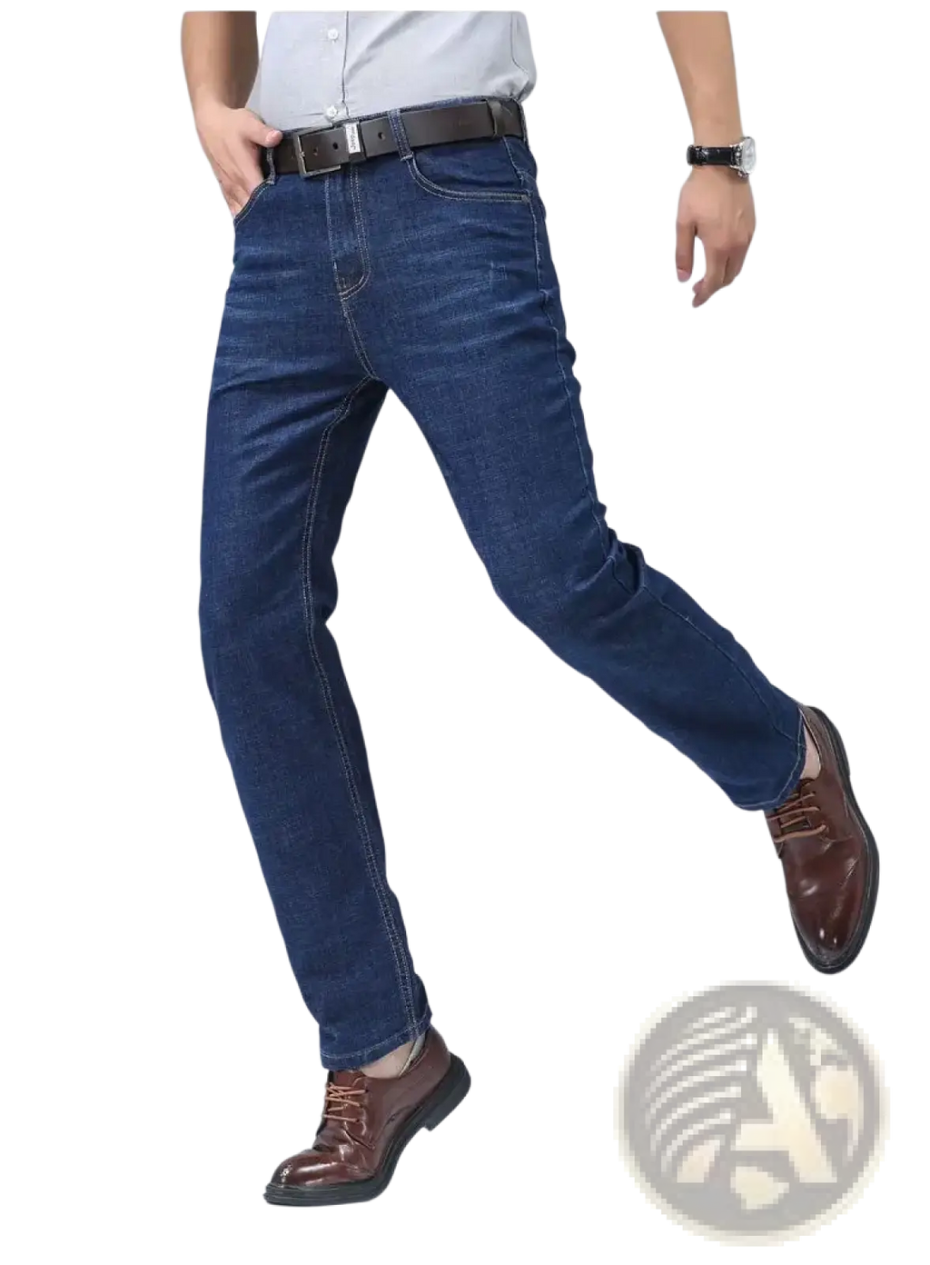 Men’s dark blue stretch cotton straight-leg jeans with classic stitching details for casual use