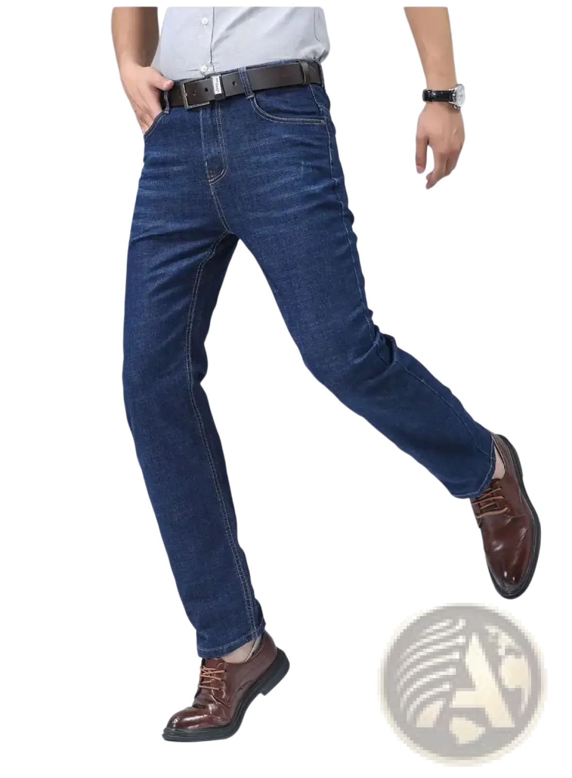 Men’s dark blue stretch cotton straight-leg jeans with classic stitching details for casual use