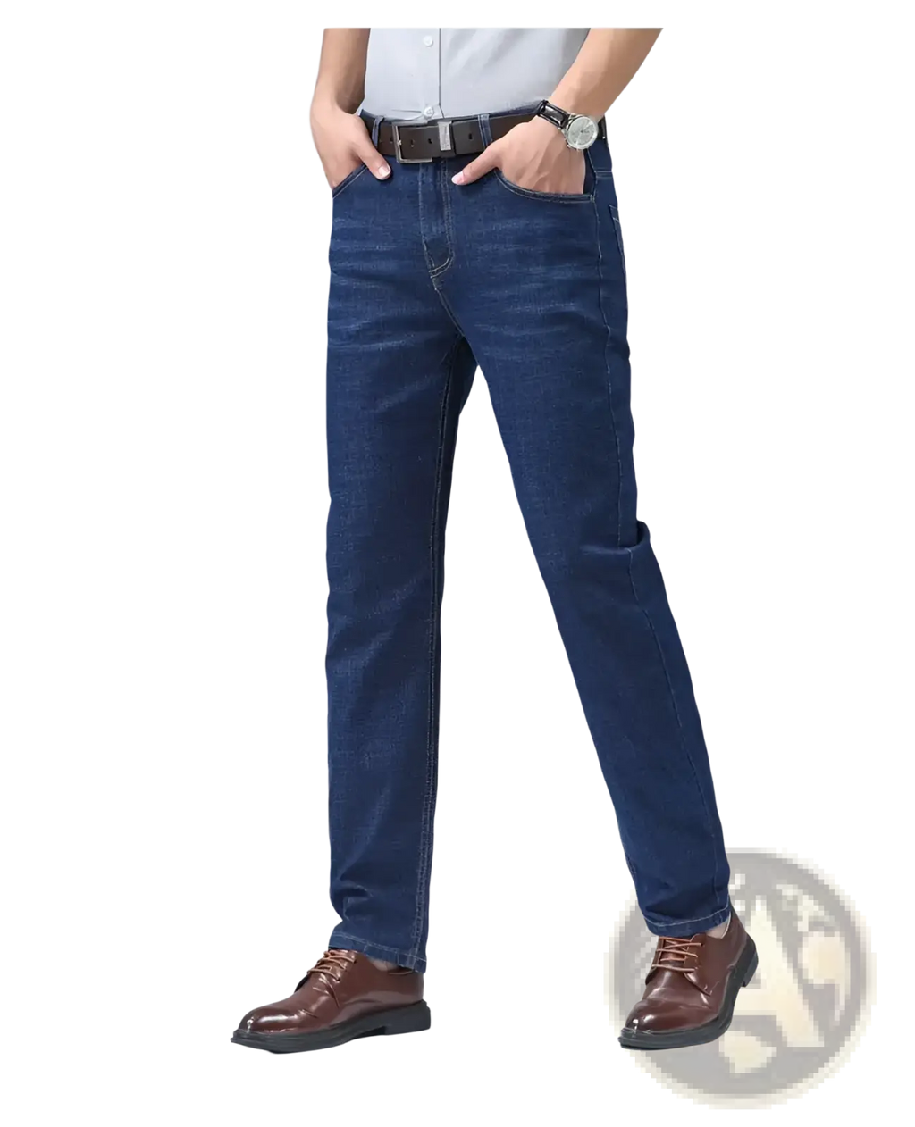 Men’s dark blue stretch cotton straight jeans casual trousers with classic stitching and a straight-leg cut