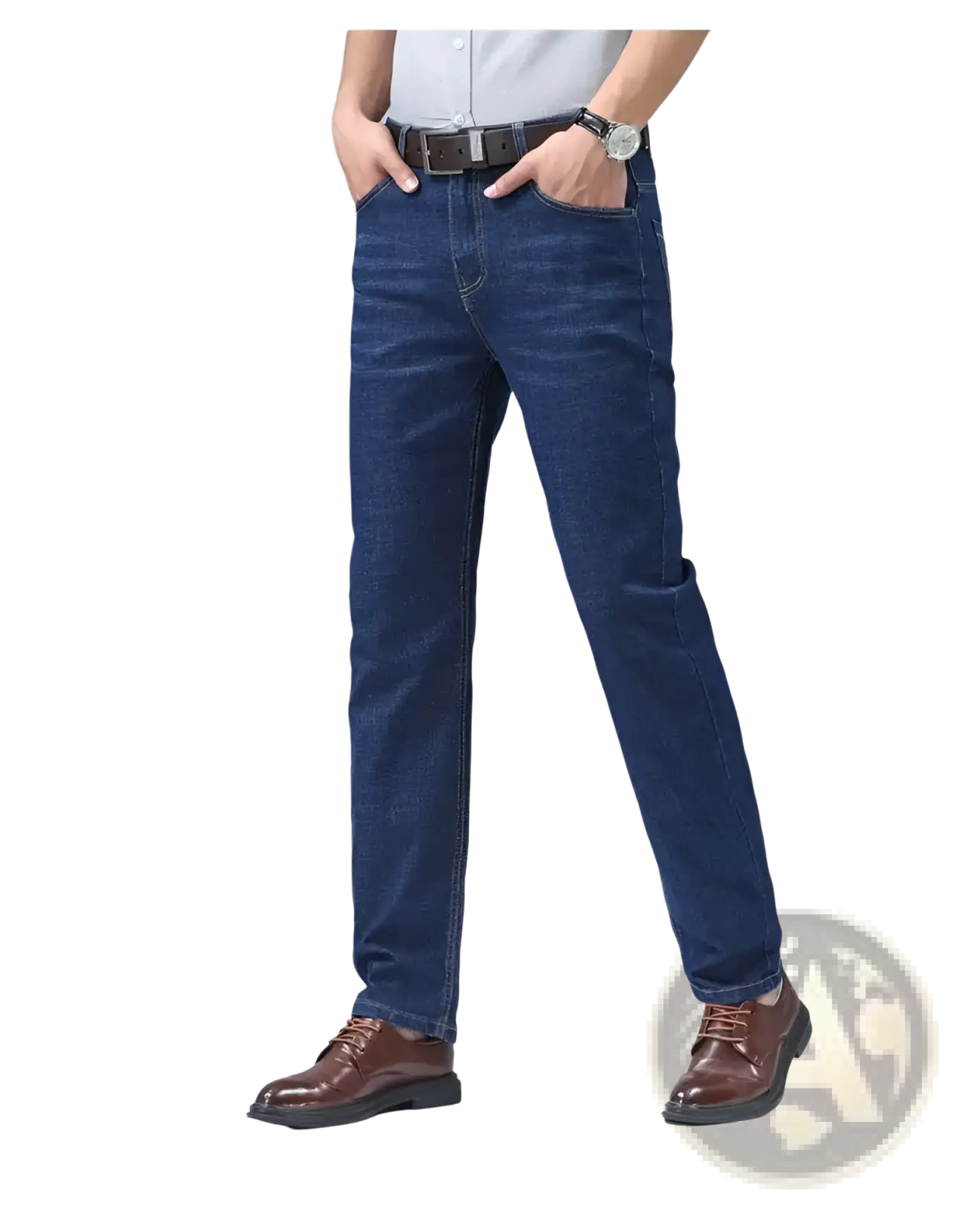 Men’s dark blue stretch cotton straight jeans casual trousers with classic stitching and a straight-leg cut