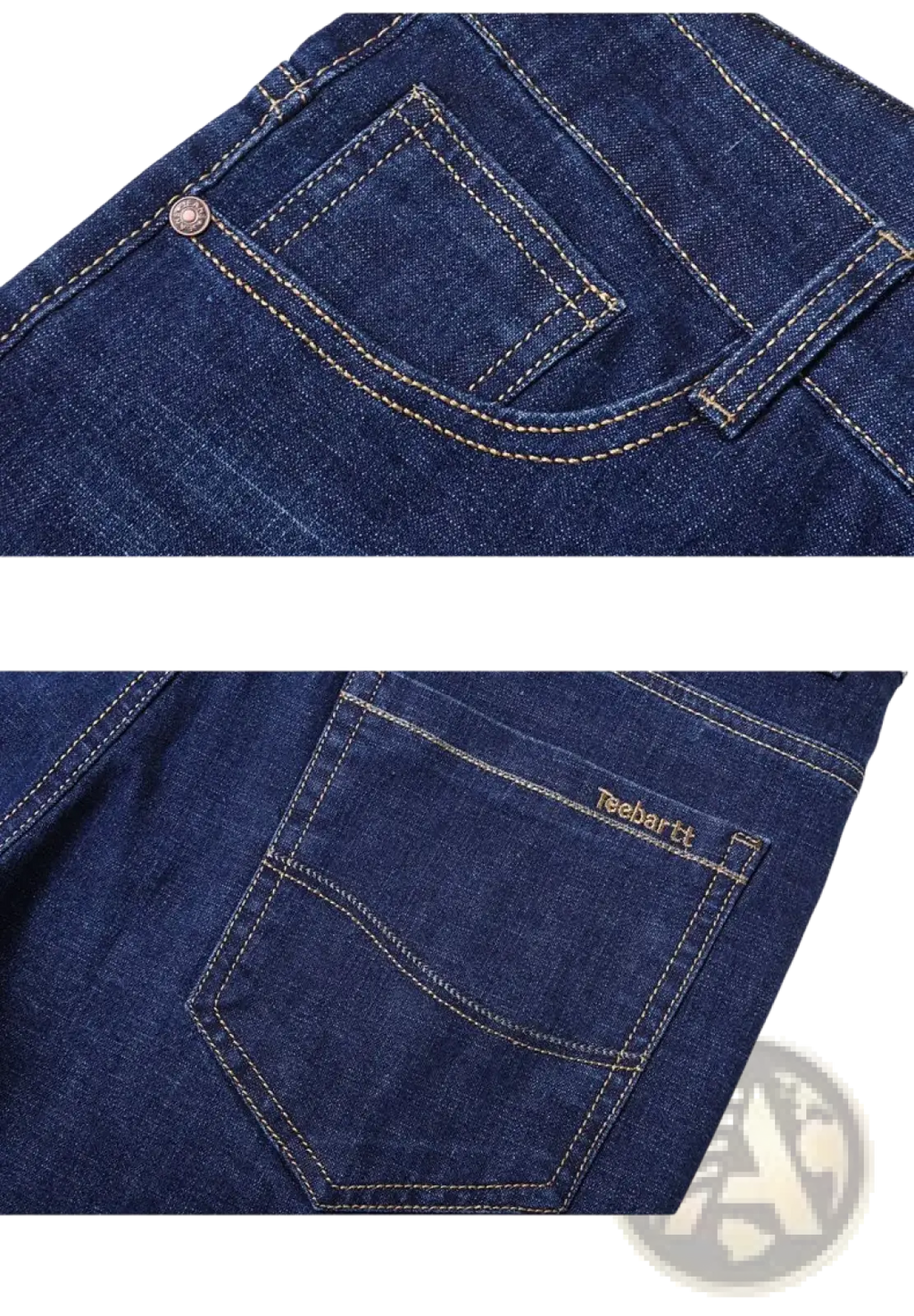 Back side of men’s dark blue stretch cotton straight jeans with light stitching and teehartt brand label on the pocket