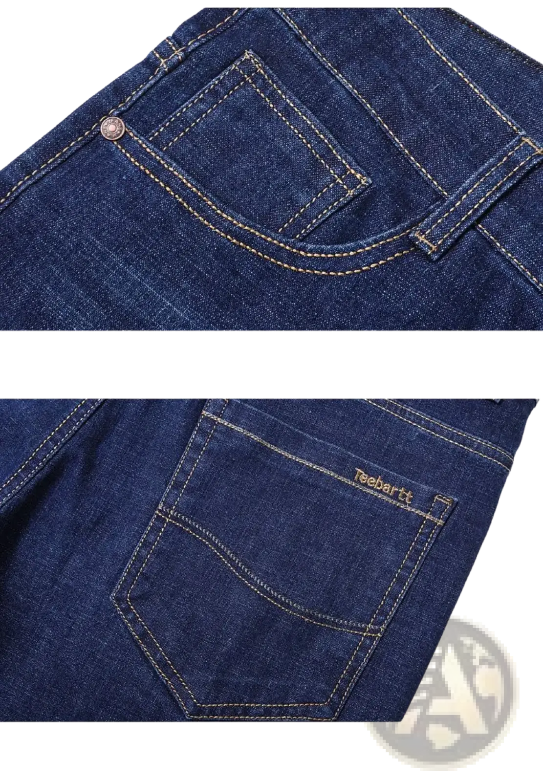 Back side of men’s dark blue stretch cotton straight jeans with light stitching and teehartt brand label on the pocket