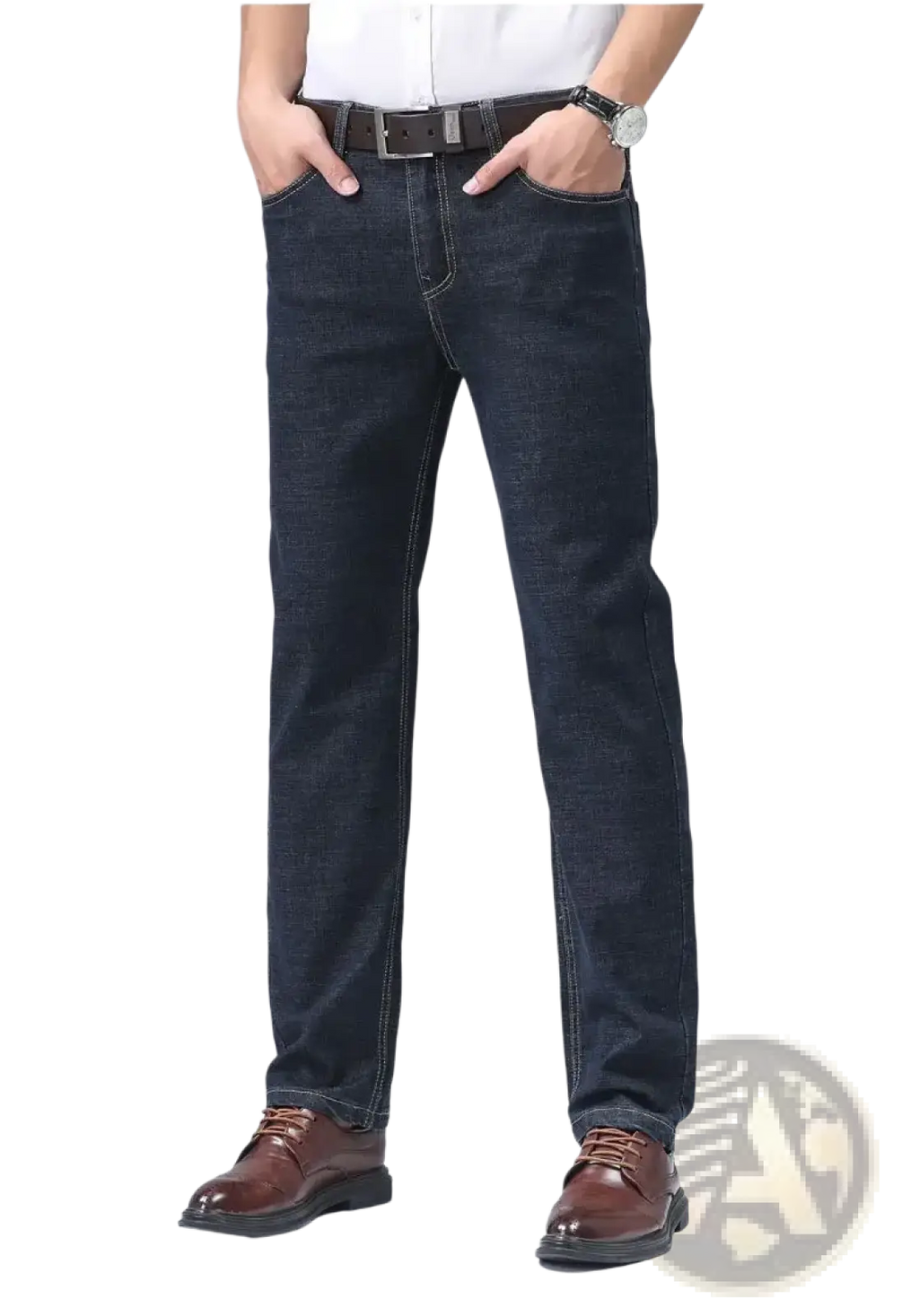 Men’s dark blue stretch cotton straight jeans with classic stitching casual trousers front view