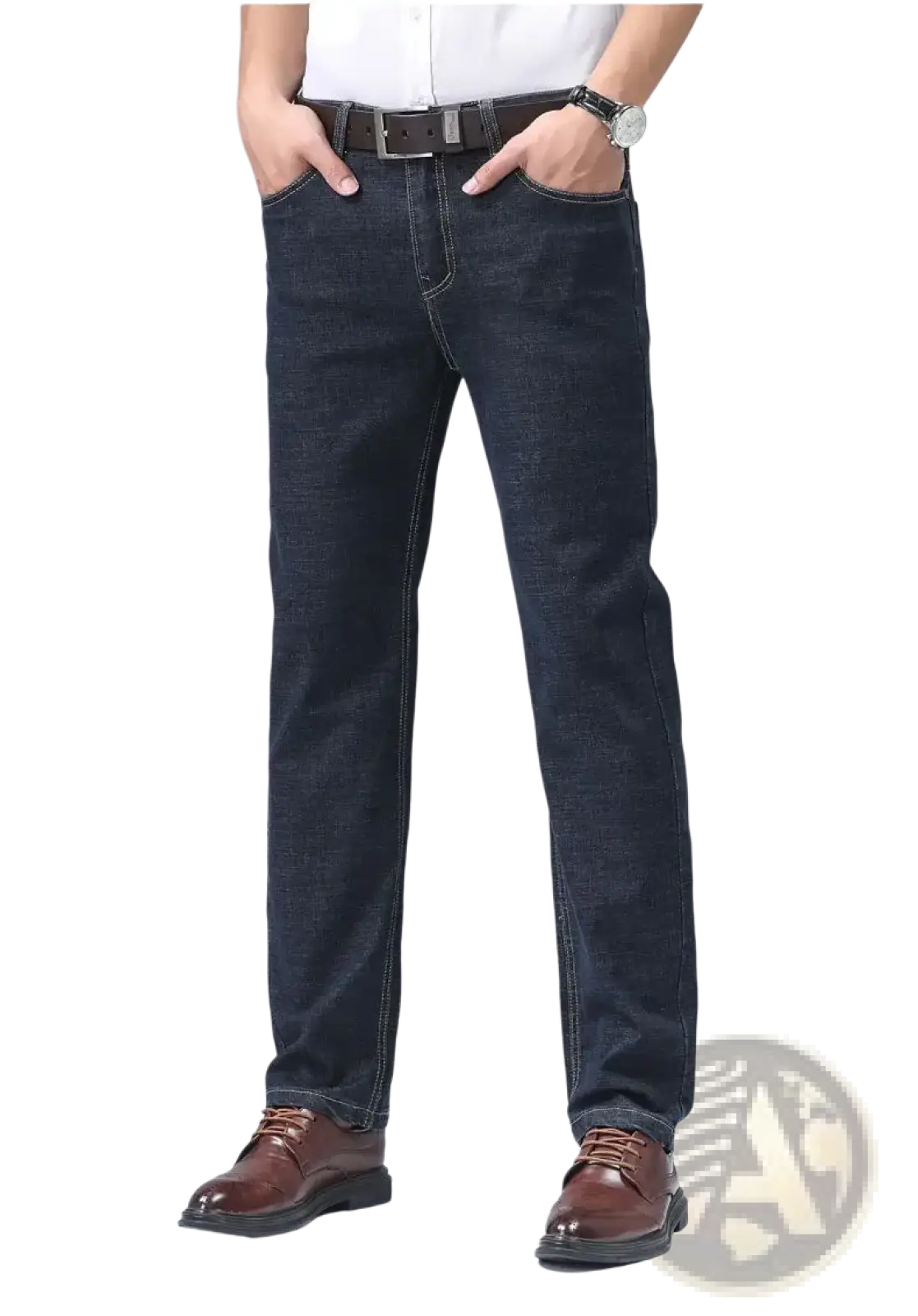 Men’s dark blue stretch cotton straight jeans with classic stitching casual trousers front view