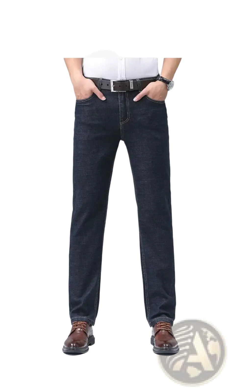 Men’s dark blue stretch cotton jeans with straight-leg cut and classic stitching for casual wear