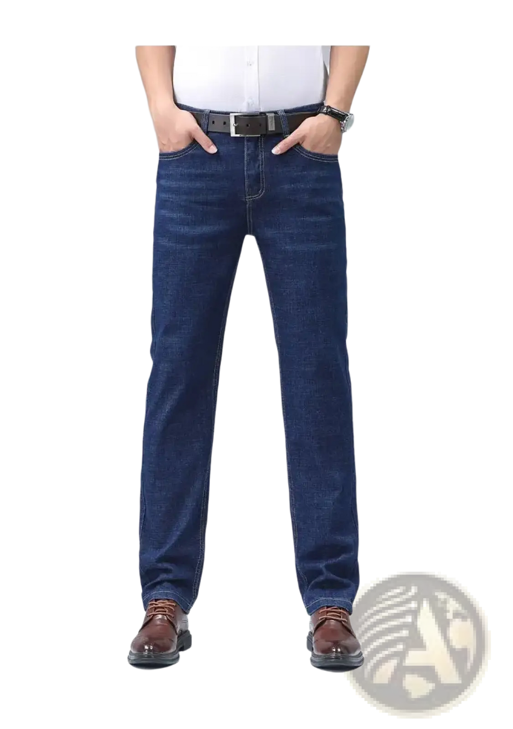 Men’s dark blue stretch cotton straight jeans with classic stitching casual trousers shown from the back side