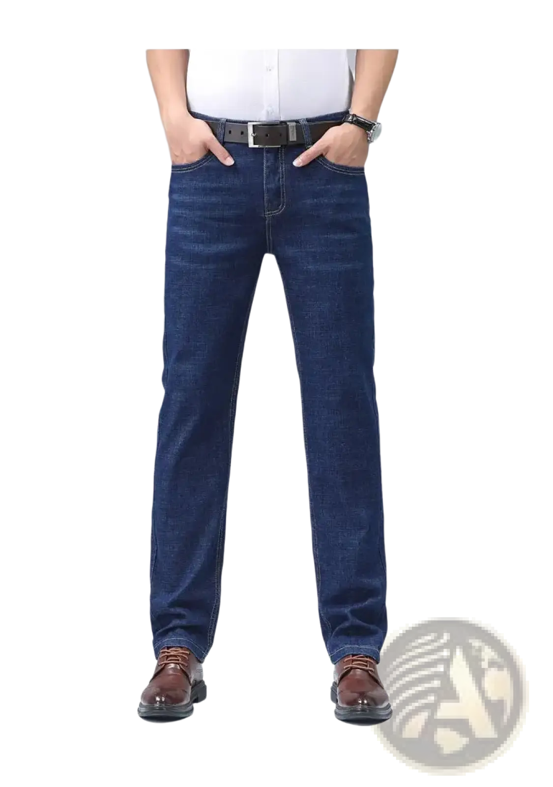 Men’s dark blue stretch cotton straight jeans with classic stitching casual trousers shown from the back side
