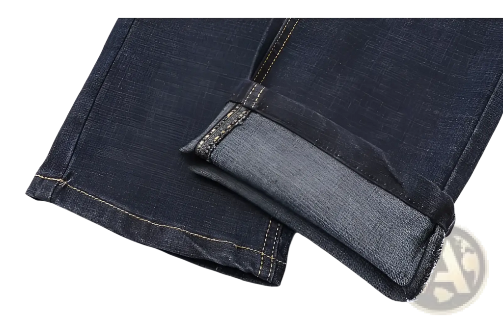 Men’s dark blue stretch cotton straight jeans with a rolled-up cuff revealing the inner lining for casual wear