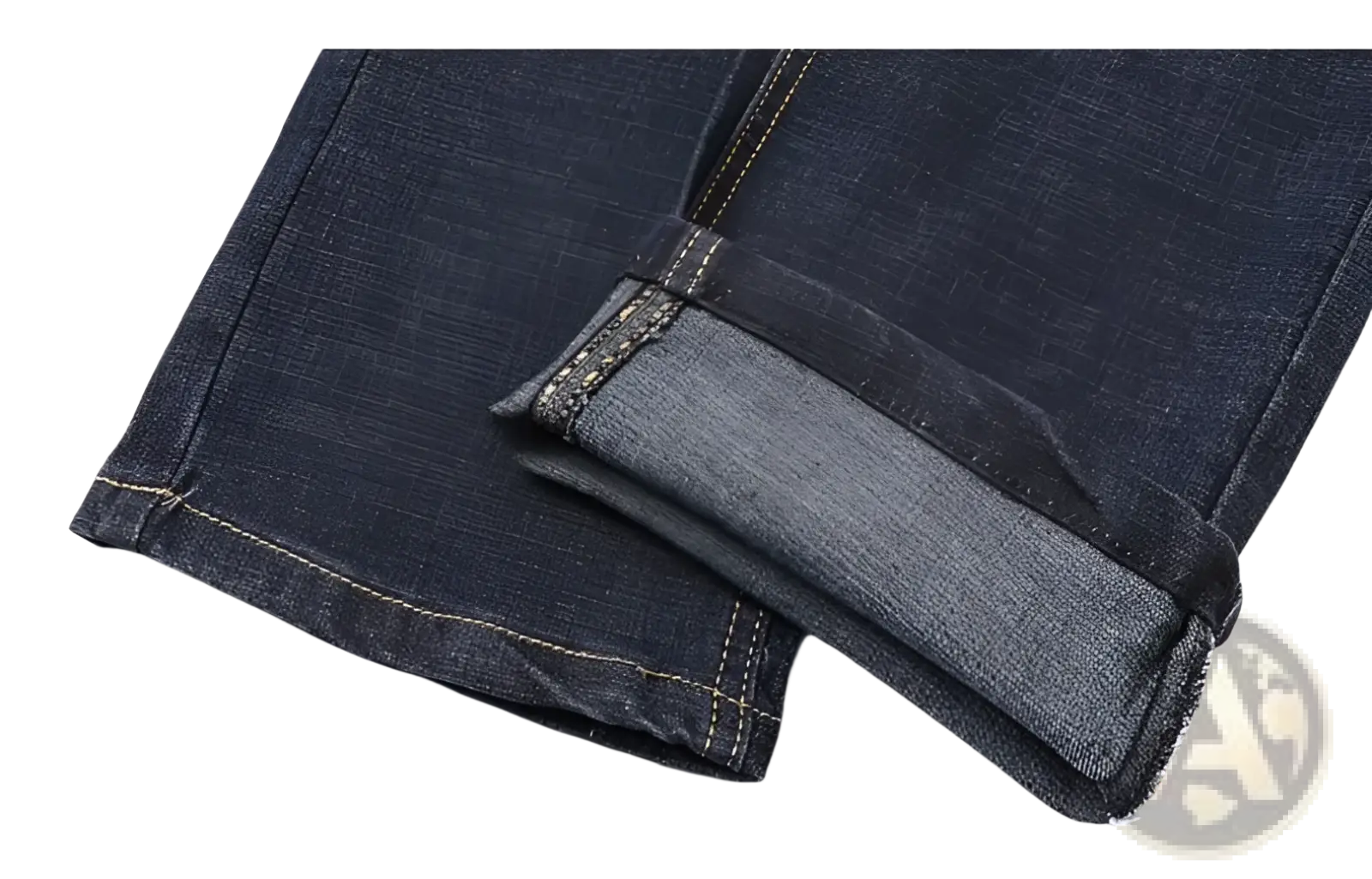 Men’s dark blue stretch cotton straight jeans with a rolled-up cuff revealing the inner lining for casual wear