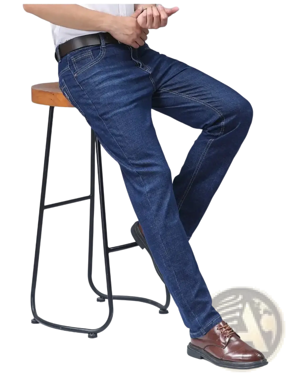 Men’s dark blue stretch cotton straight jeans with classic straight-leg cut and visible stitching details for casual wear