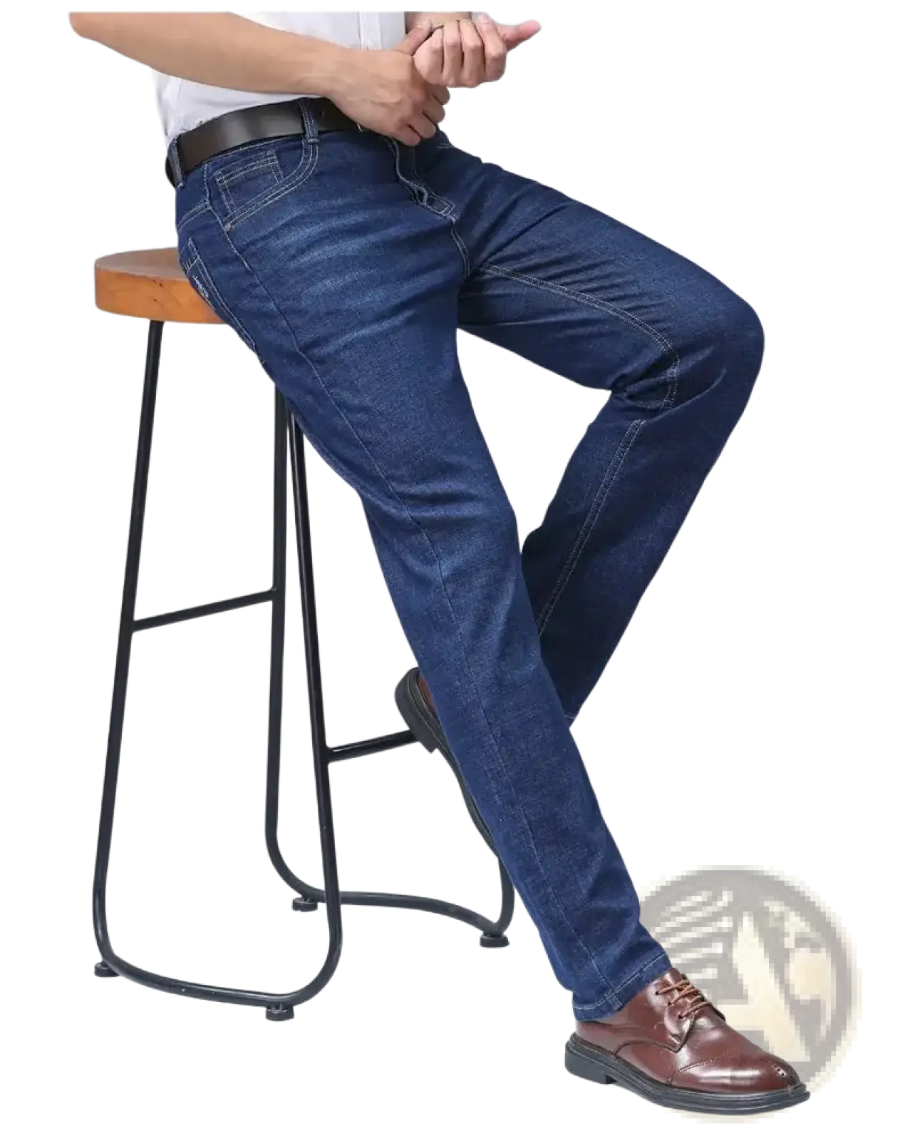 Men’s dark blue stretch cotton straight jeans with classic straight-leg cut and visible stitching details for casual wear