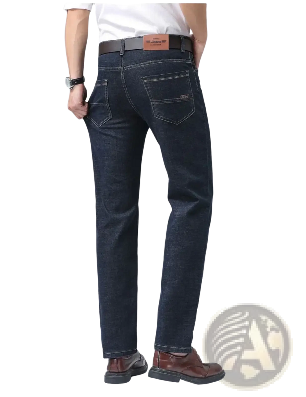 Men’s dark blue stretch cotton straight jeans with classic straight-leg cut and brown leather belt buckle for casual wear