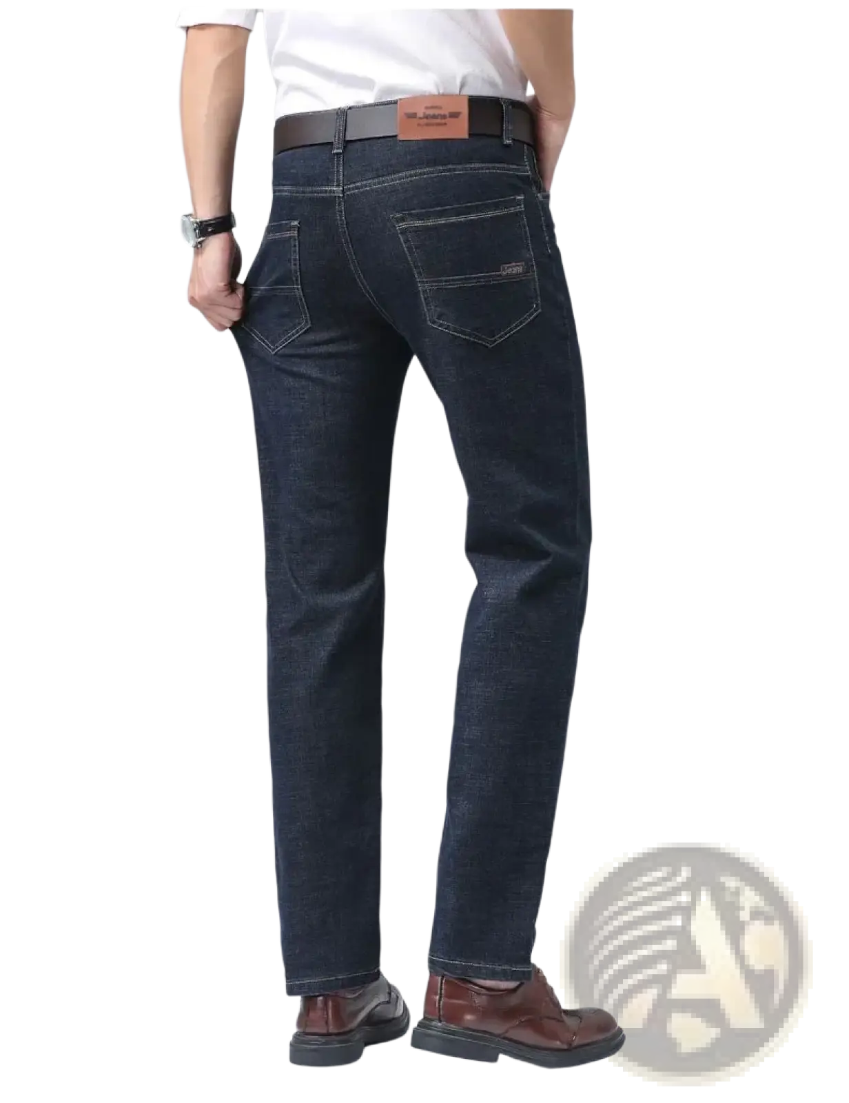 Men’s dark blue stretch cotton straight jeans with classic straight-leg cut and brown leather belt buckle for casual wear