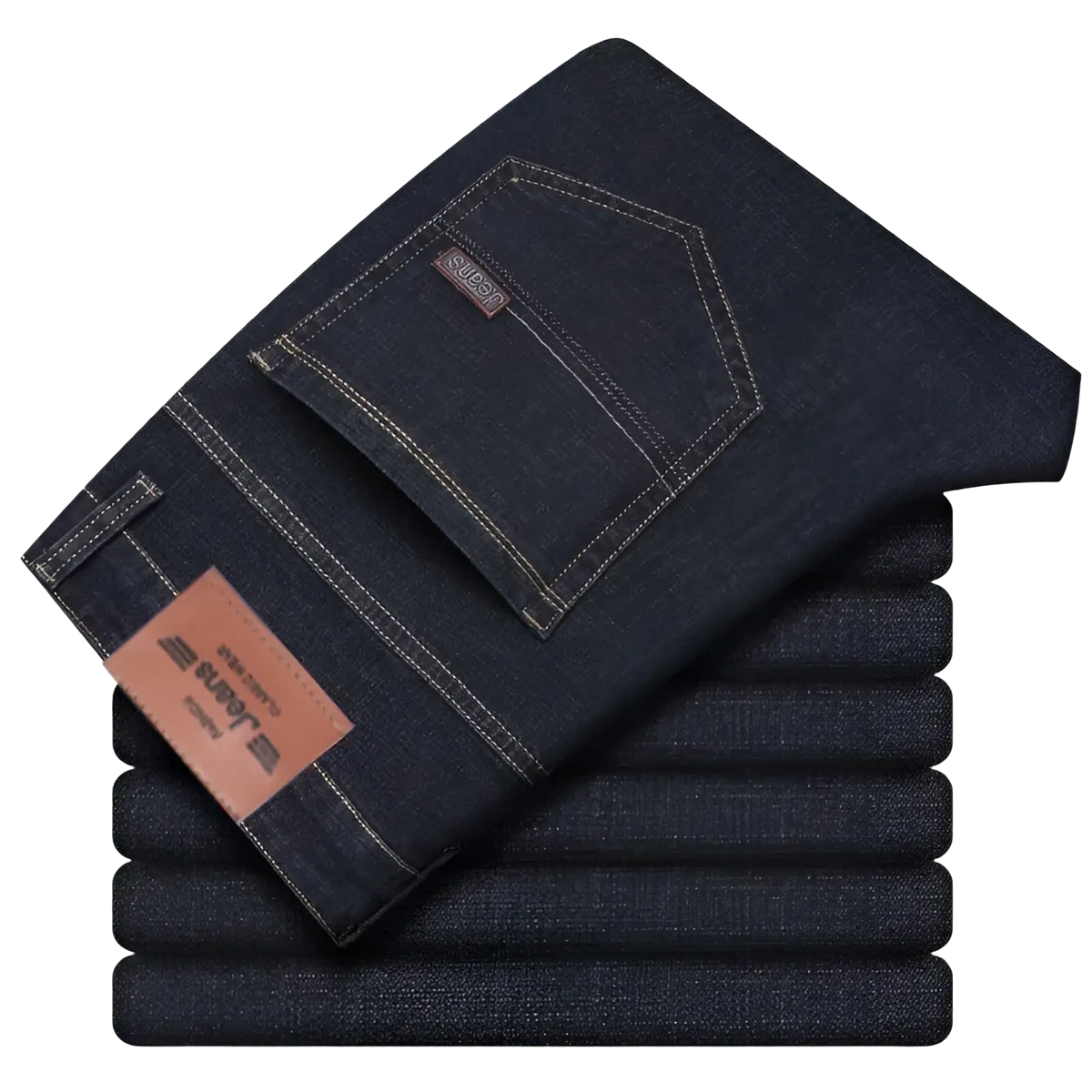 Men’s dark blue stretch cotton straight jeans with white stitching and brown leather brand tag for casual wear