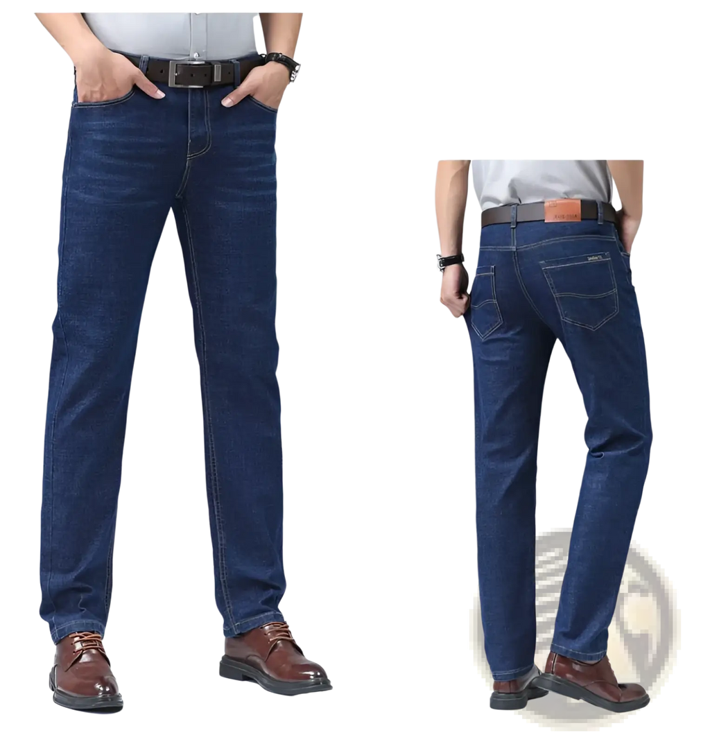 Men’s dark blue stretch cotton straight jeans with subtle fading and brown leather belt loop tab on back waistband