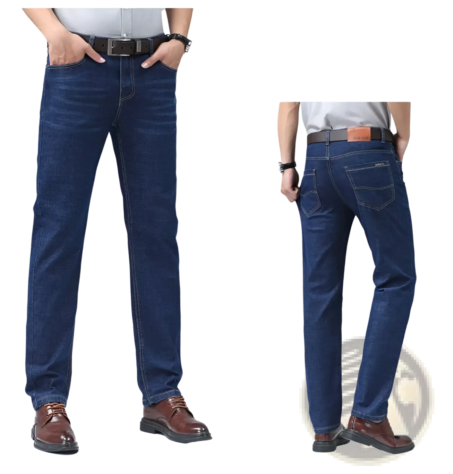 Men’s dark blue stretch cotton straight jeans with subtle fading and brown leather belt loop tab on back waistband