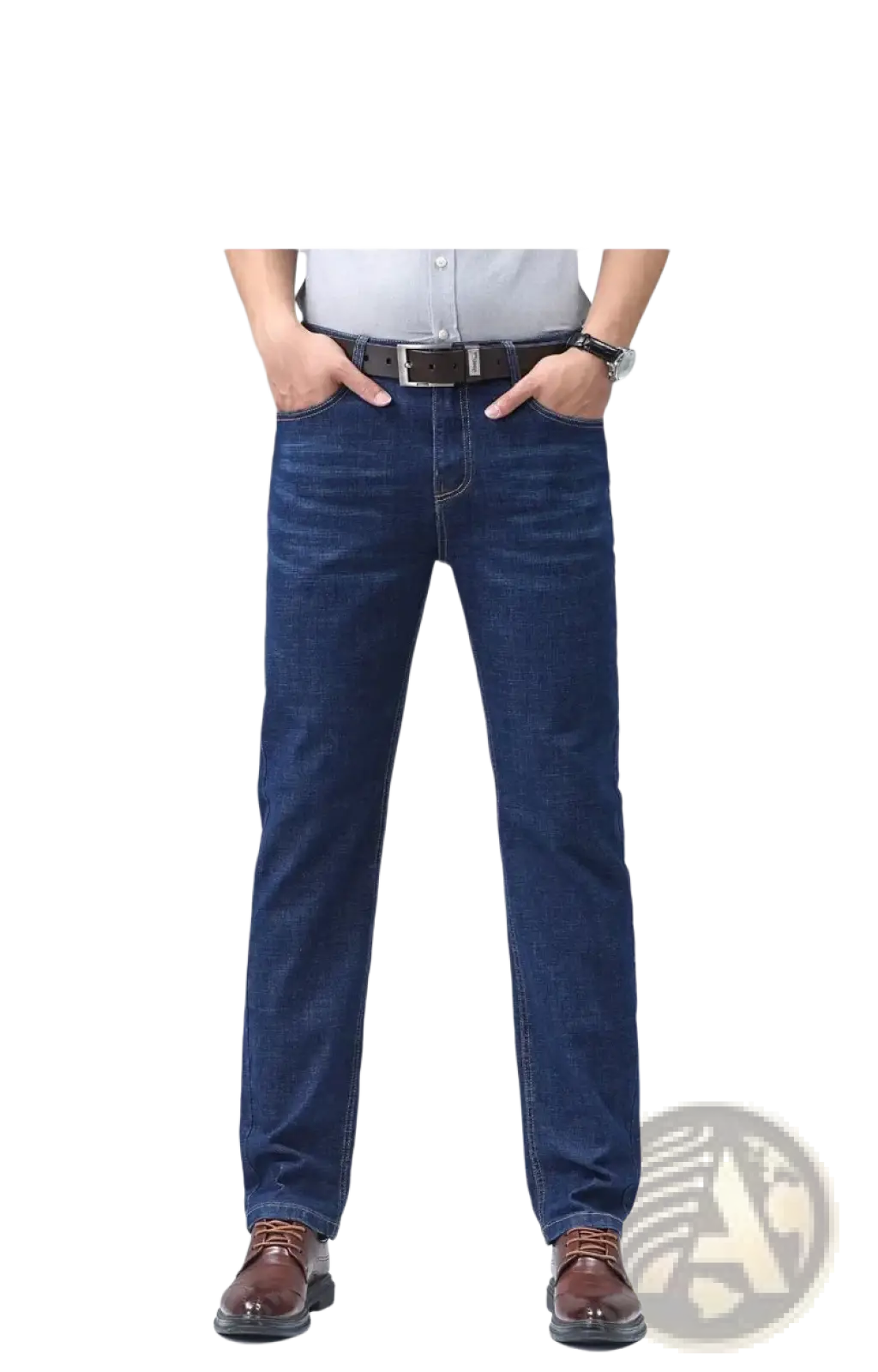 Men’s dark blue stretch cotton straight jeans with classic straight-leg cut and visible stitching details for casual wear
