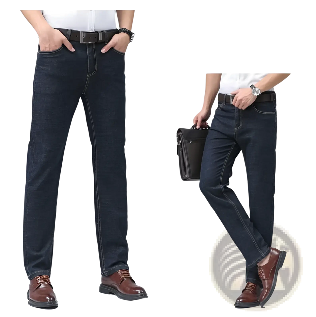 Men’s dark blue stretch cotton straight jeans with contrasting light stitching for casual wear