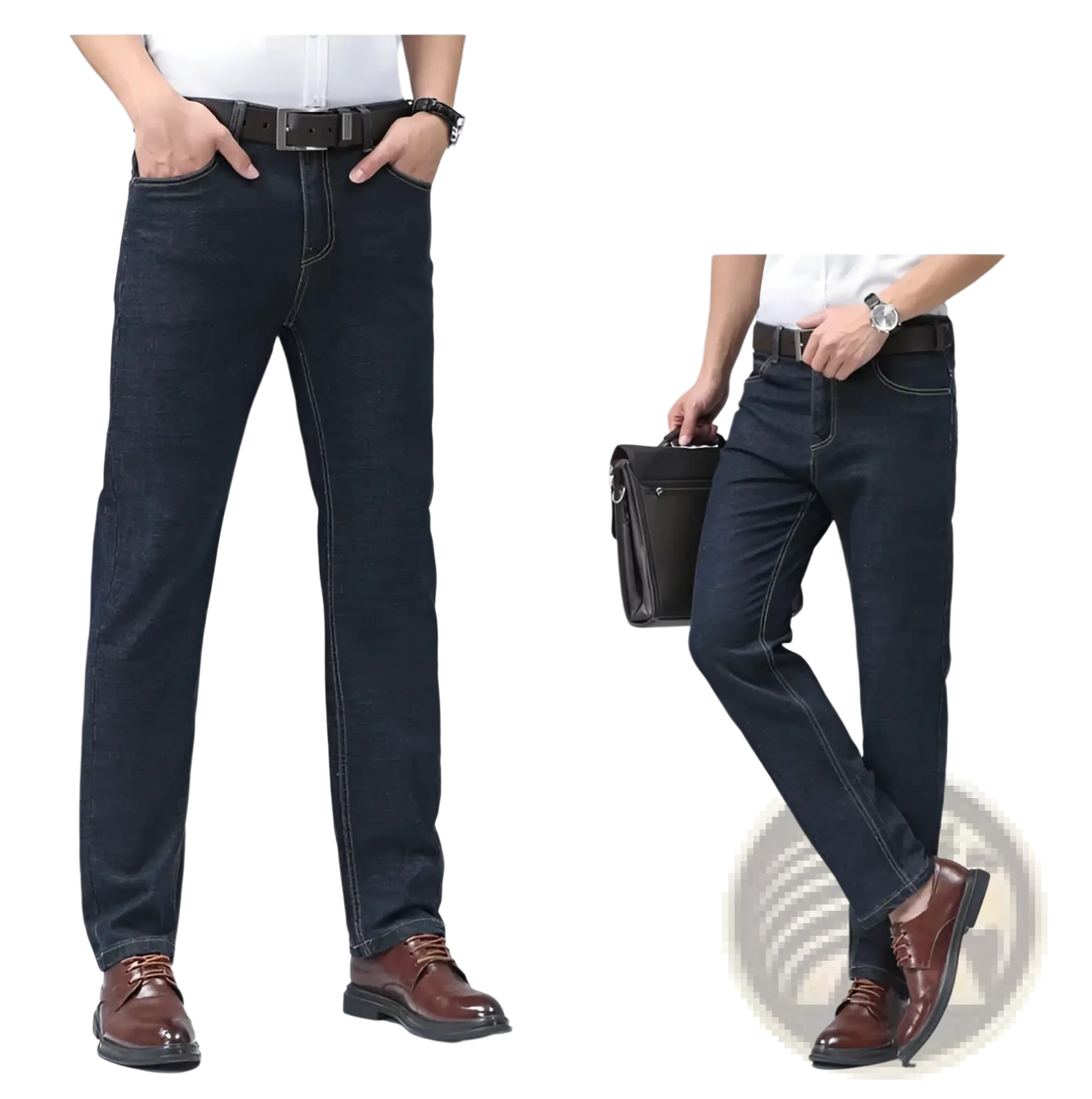Men’s dark blue stretch cotton straight jeans with contrasting light stitching for casual wear