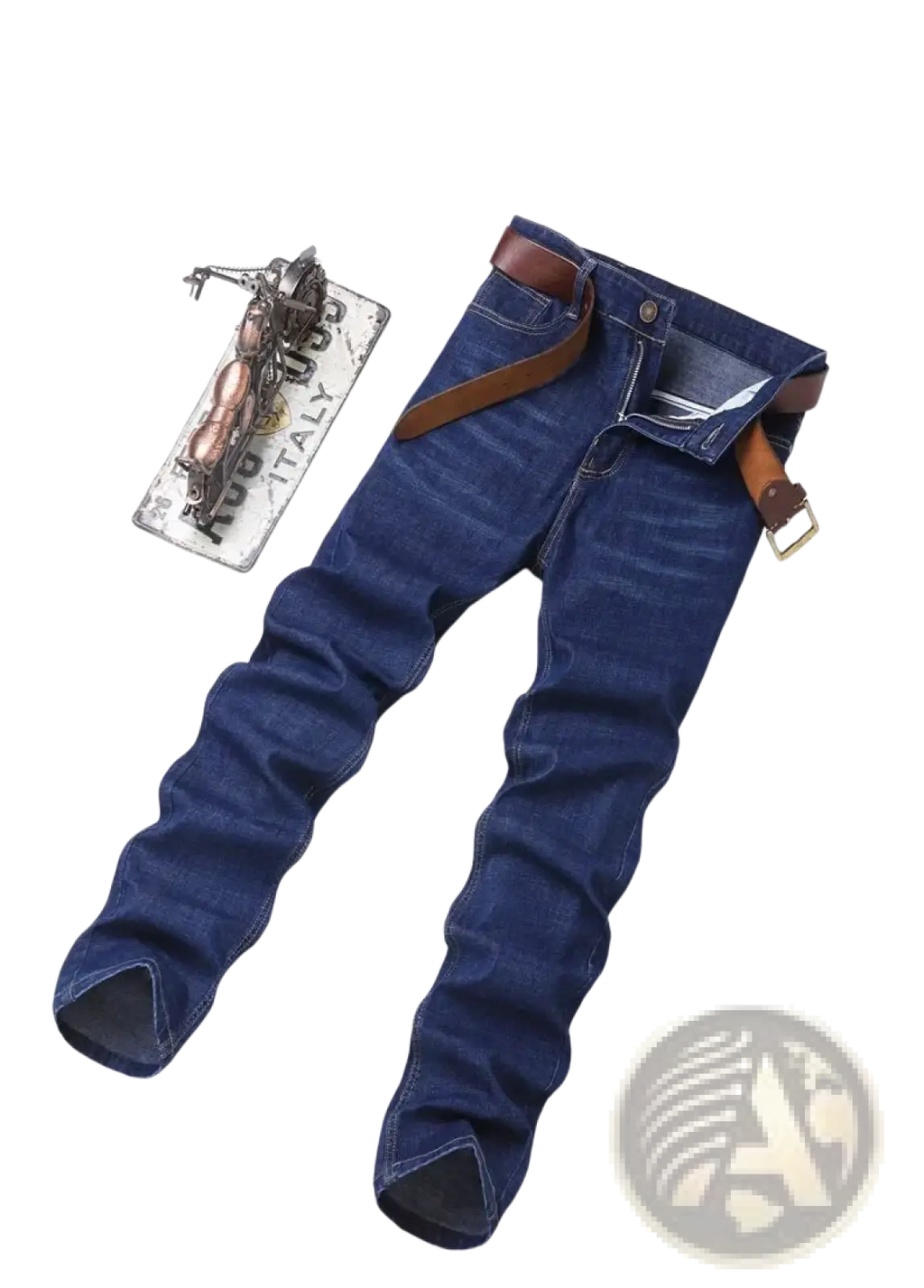 Men’s dark blue stretch cotton straight jeans with a brown leather belt for casual wear