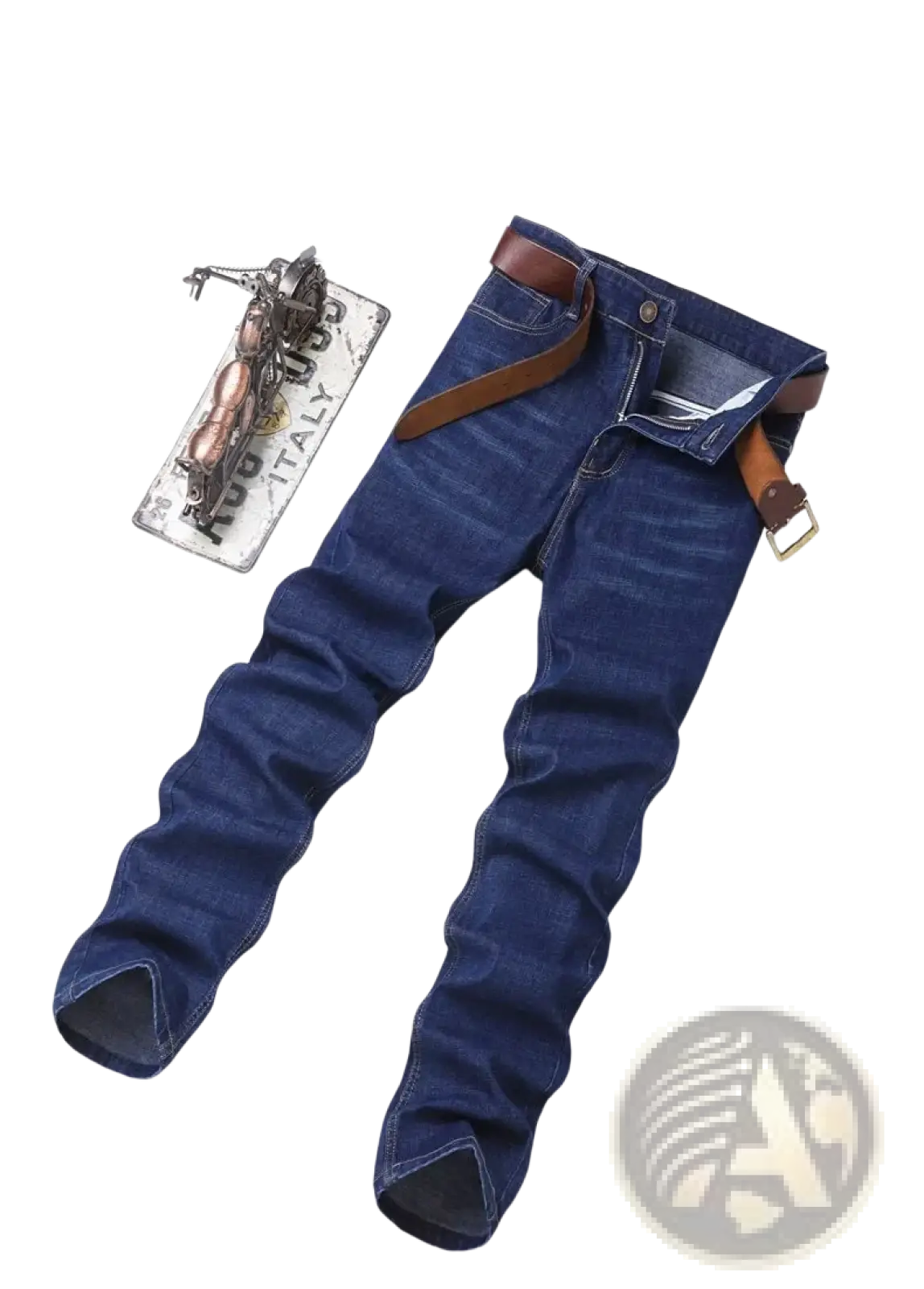 Men’s dark blue stretch cotton straight jeans with a brown leather belt for casual wear