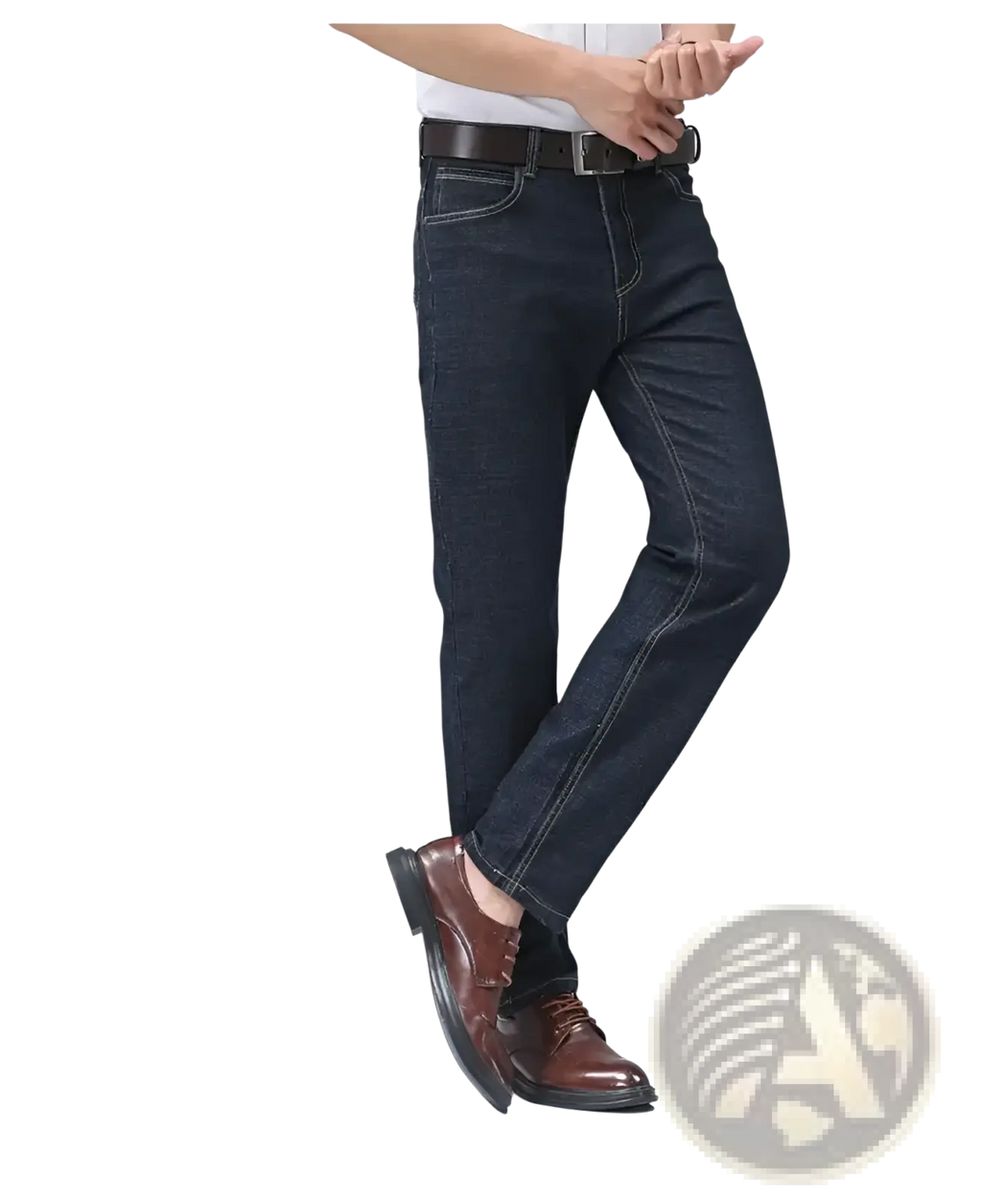 Men’s stretch cotton straight jeans casual trousers in dark blue denim with a straight fit and white contrast stitching