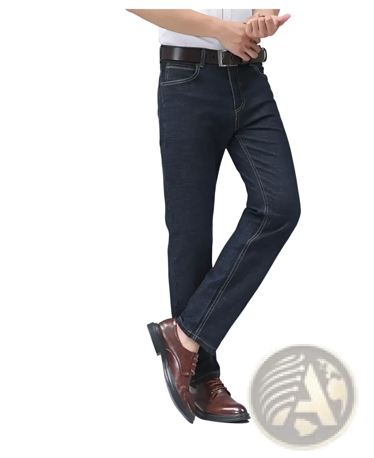 Men’s stretch cotton straight jeans casual trousers in dark blue denim with a straight fit and white contrast stitching