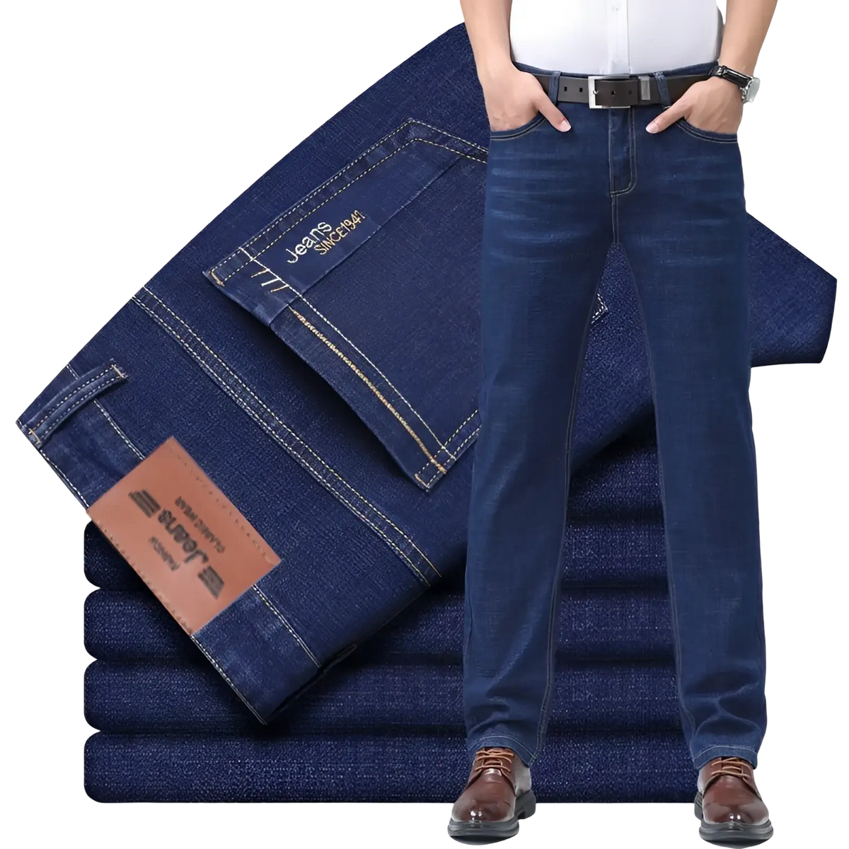 Men’s dark blue stretch cotton straight jeans with classic straight-leg cut and contrasting light stitching for casual wear