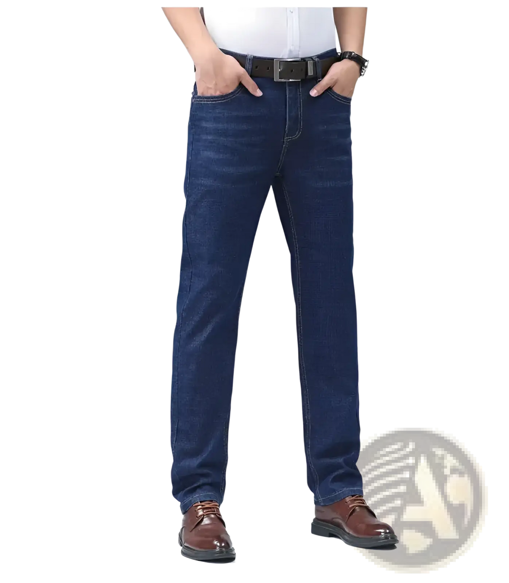 Men’s dark blue stretch cotton straight jeans with classic stitching for casual wear shown from the front side