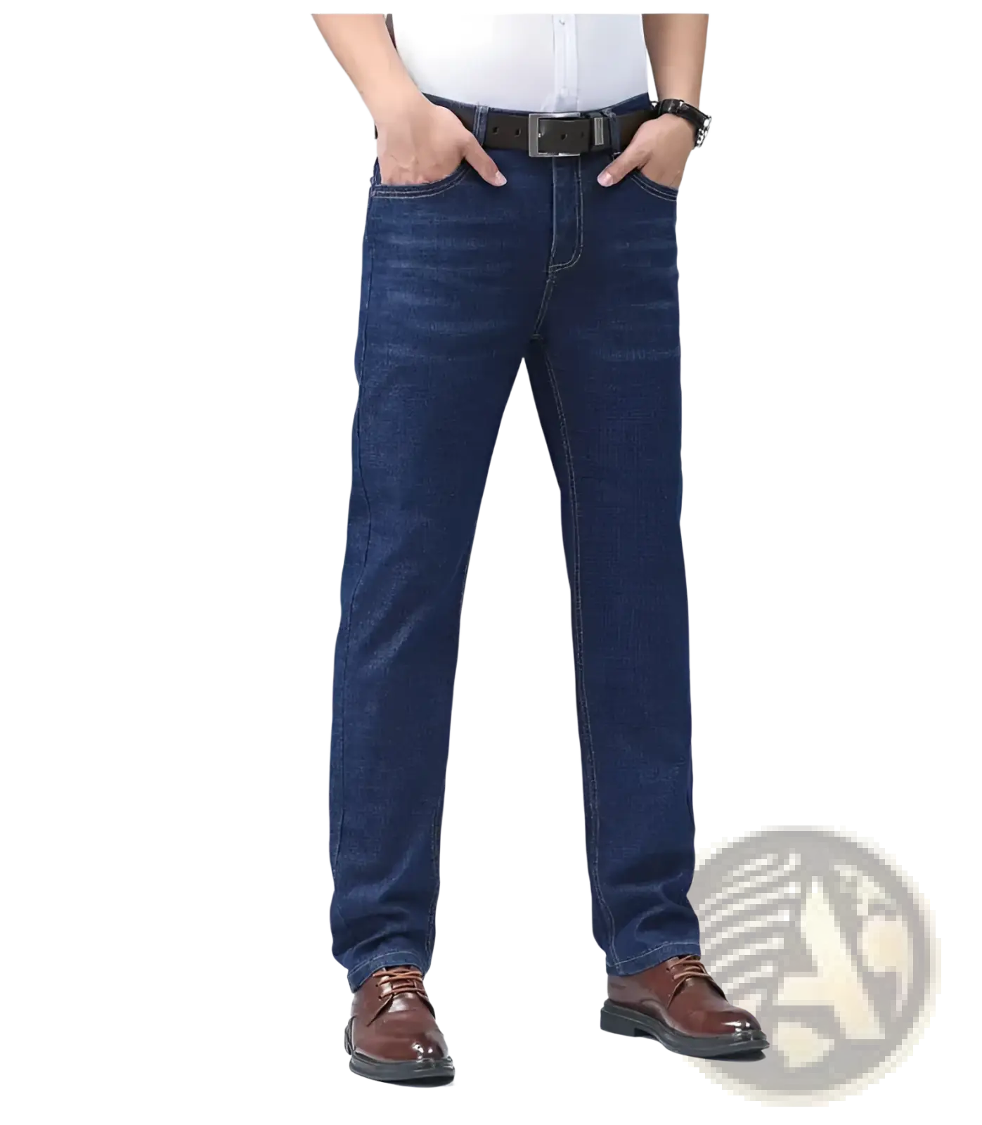 Men’s dark blue stretch cotton straight jeans with classic stitching for casual wear shown from the front side
