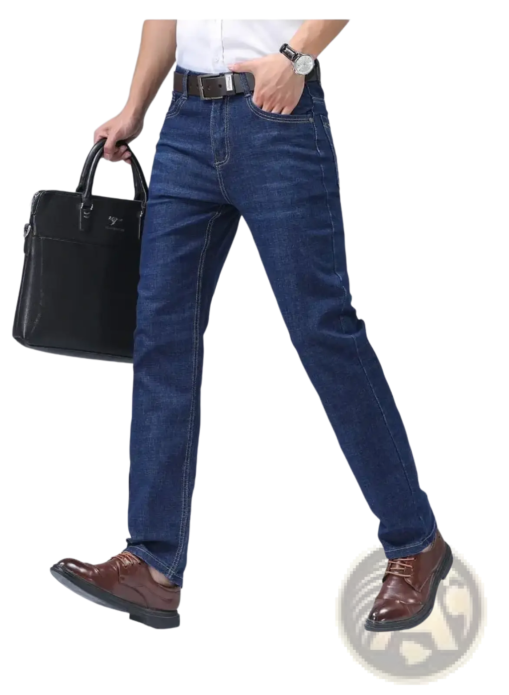 Men’s dark blue stretch cotton straight jeans with classic straight-leg cut and visible stitching details