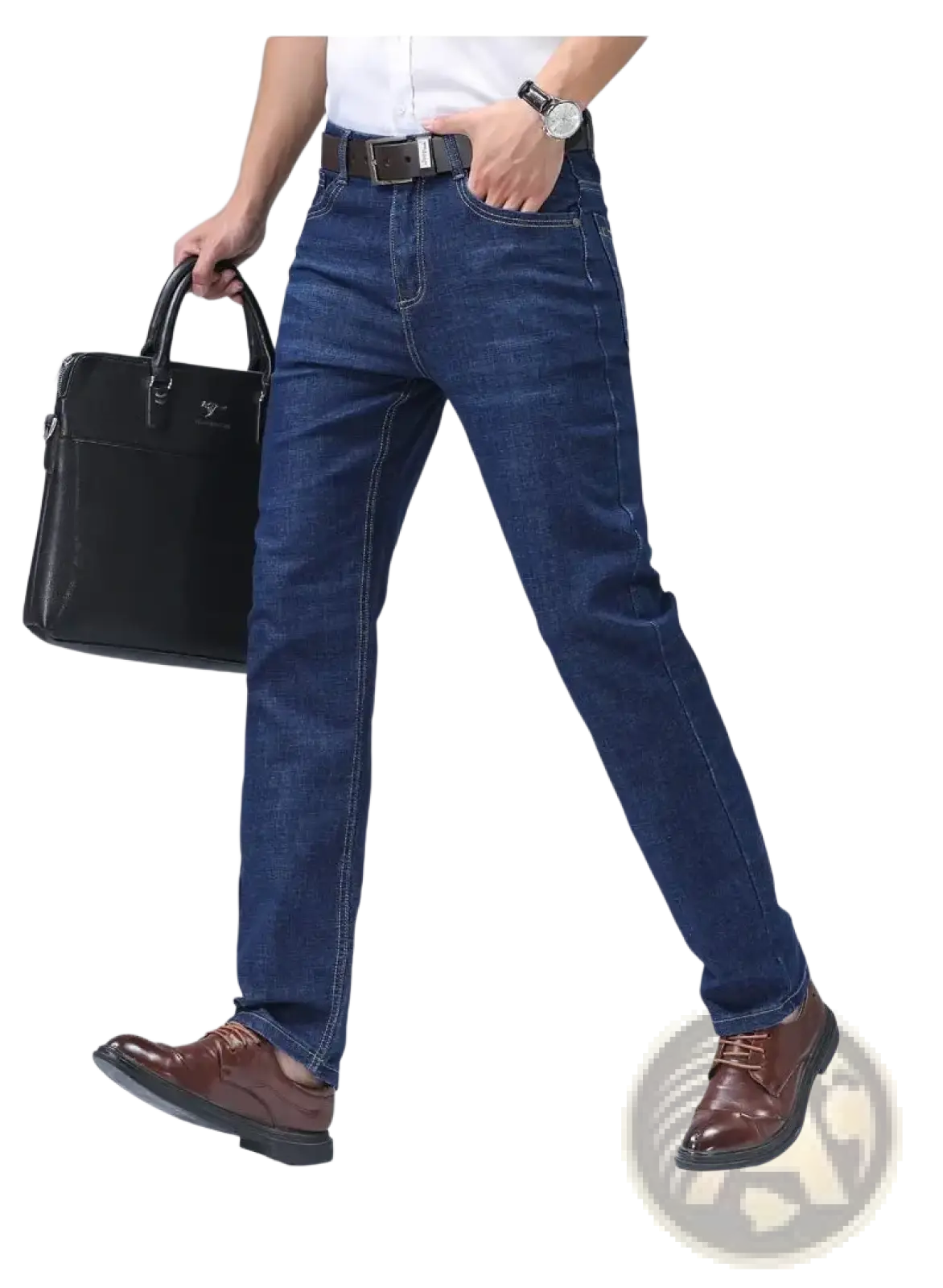Men’s dark blue stretch cotton straight jeans with classic straight-leg cut and visible stitching details